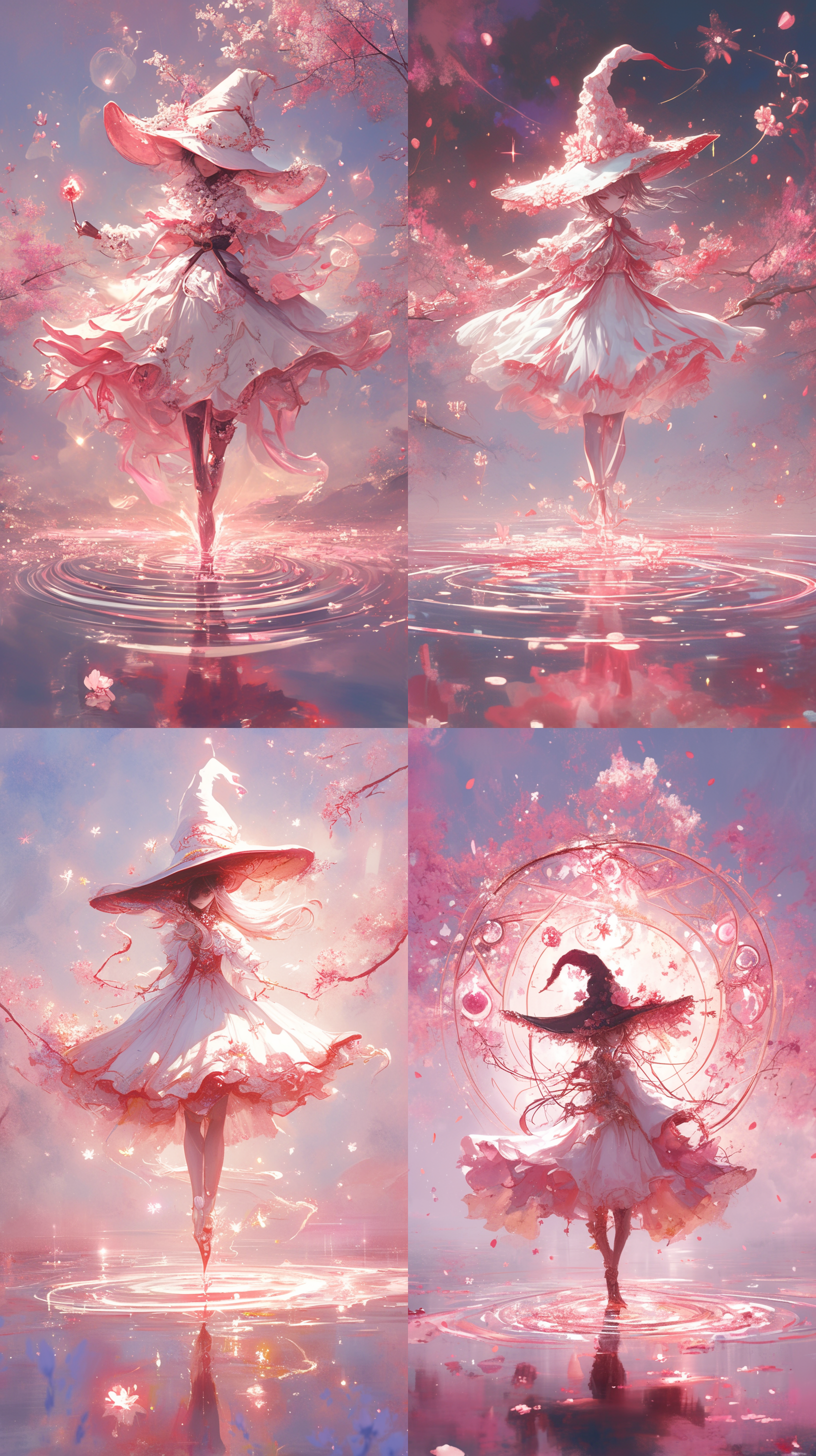 带着大魔法师帽的少女，粉白相间的裙摆，人物全身，洛可可风格，粉色调，浅白和淡红色，樱花，闪闪发光的水面倒影，魔法符号悬浮，能量展现，流动，超现实，画作，空灵，融合真实和幻想元素，复杂图案，细腻线条