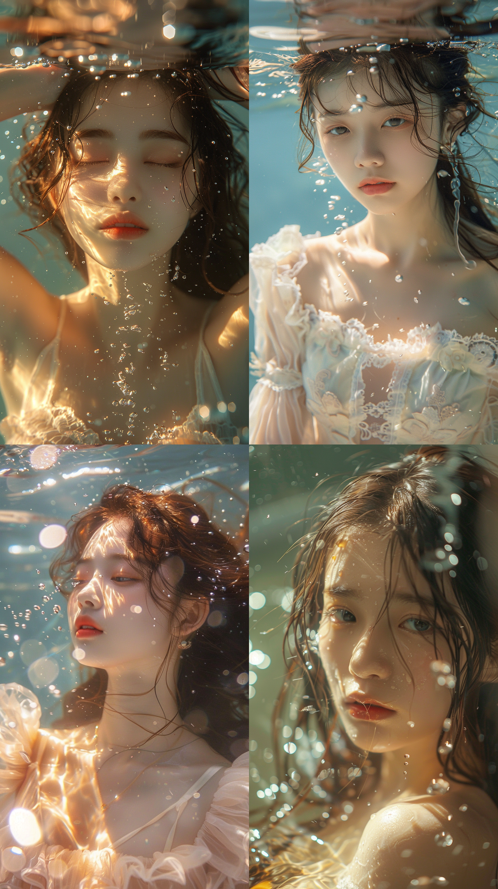 水中美女，汉族少女，优雅曲线，半身照，复古风格，柔和色调，标准镜头，柔光灯，梳理长发，头发滴水，放松愉悦。