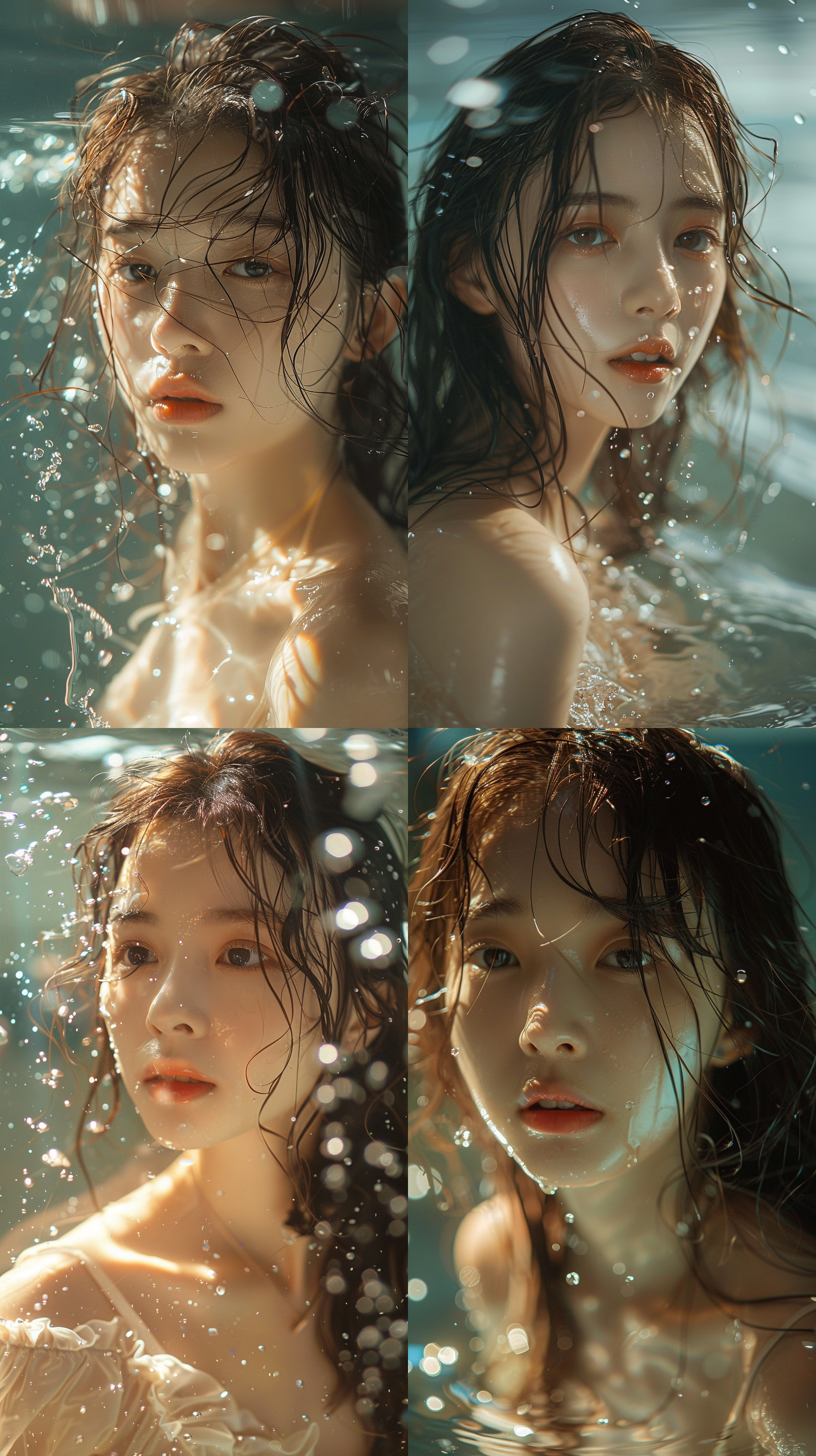 水中美女，汉族少女，优雅曲线，半身照，复古风格，柔和色调，标准镜头，柔光灯，梳理长发，头发滴水，放松愉悦。