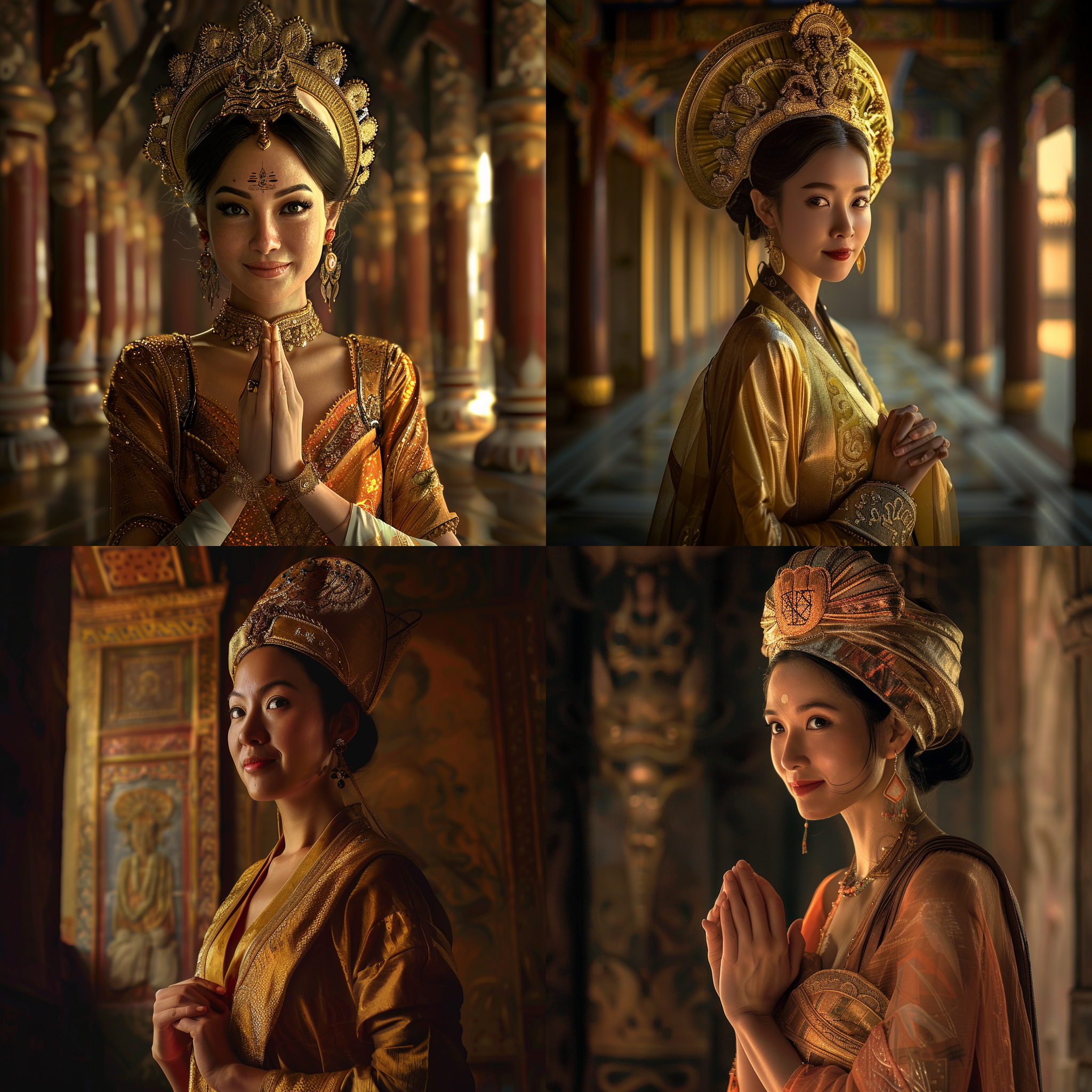 古代亚洲女性，宫殿内，微胖微笑，金色头饰，对角线构图，明暗对比，温暖色调，自信，高身材，双手交握，华丽，站立，广角镜头，侧光 