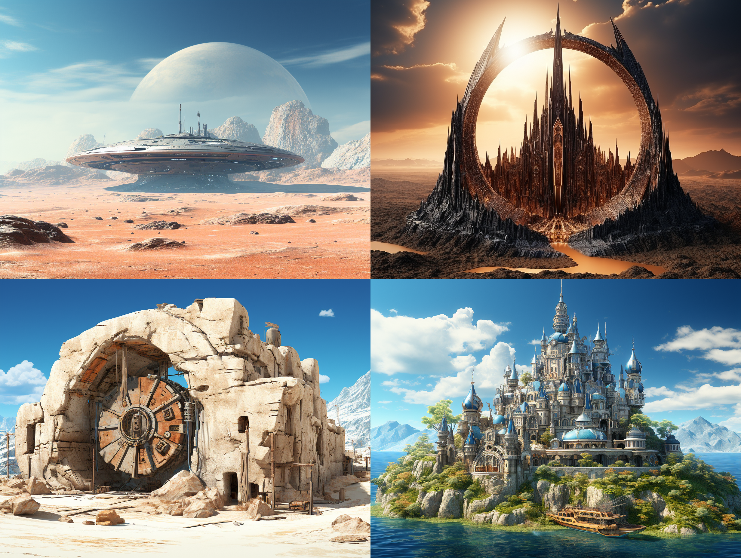 科幻城堡在沙漠，光晕防护罩，科幻战机巡逻，冷色调，蒸汽朋克风，金属质感，电影质感，c4d渲染，科幻色彩。