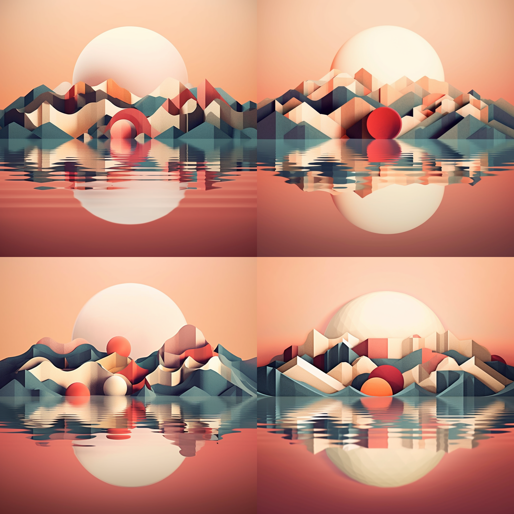 抽象插画风格，湖泊，柔和色彩，几何形状，超现实主题，曲线光影效果，情感共鸣，创意构图，艺术氛围 