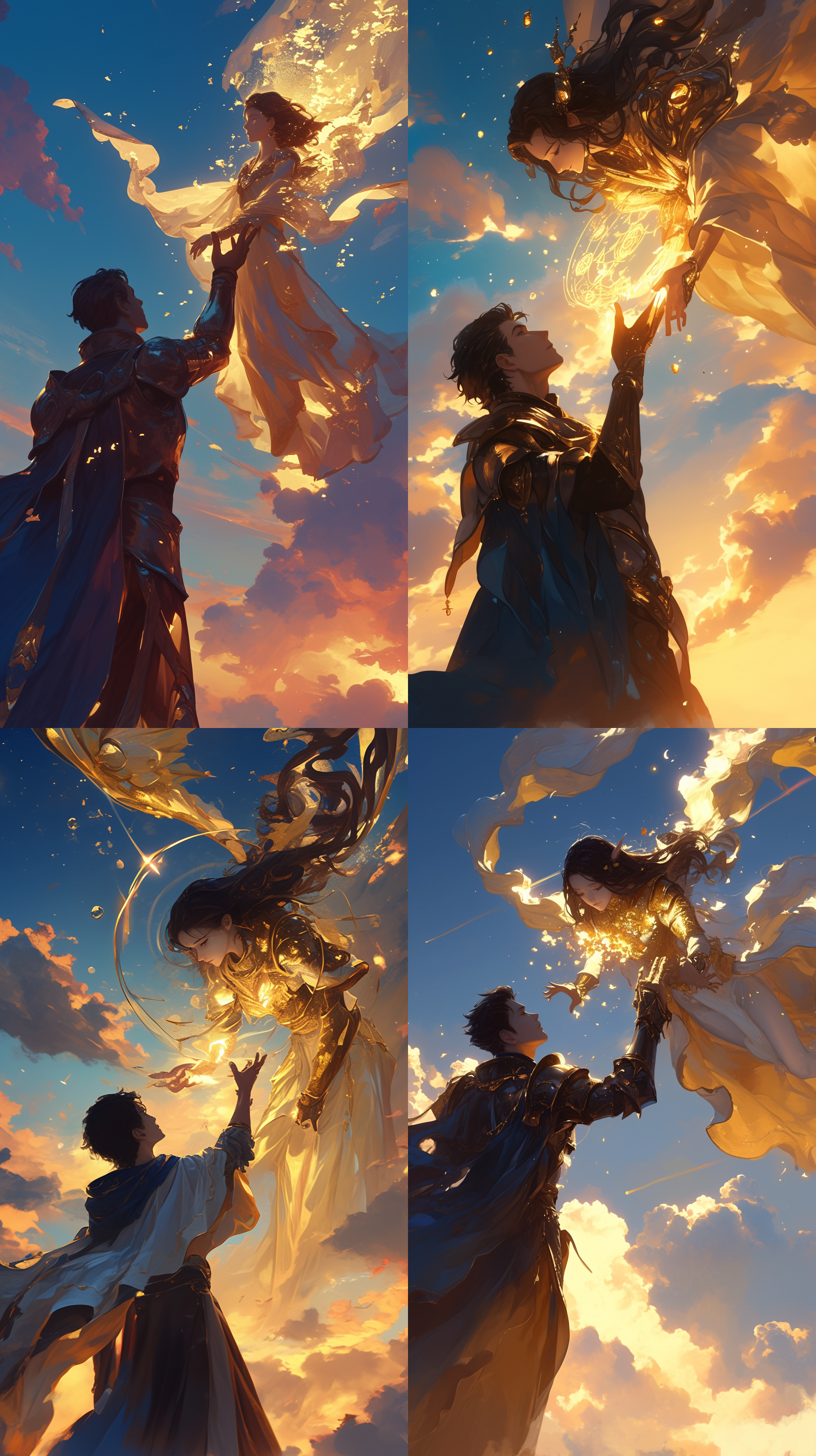 黑发男圣骑士手伸向天空，手上浮现出金色的魔法光芒，女性以灵魂飘渺的姿态出现在男圣骑士身边，女性灵魂也举起手。氛围神圣，黄昏，女性灵魂，魔法符号悬浮，能量展现，爱情