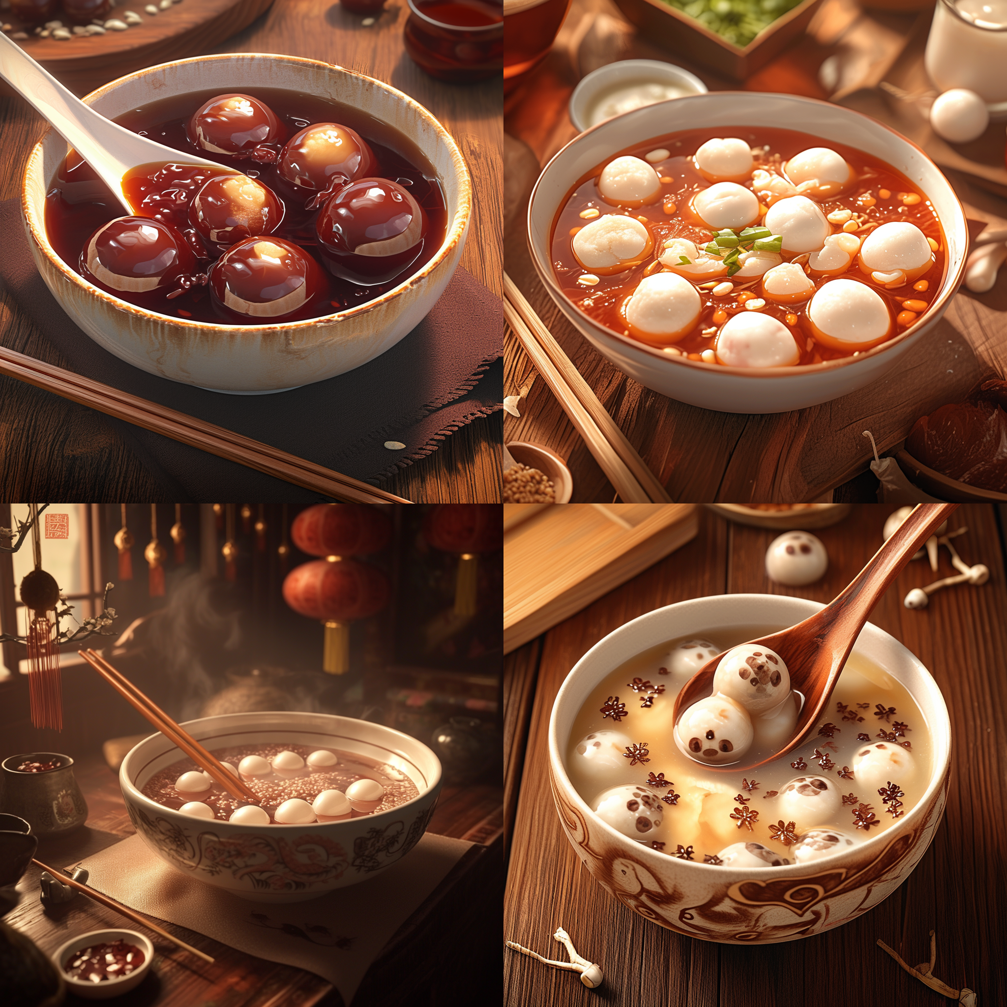 红豆沙汤丸，白色碗上摆满了美味香喷喷的红豆沙汤丸。餐桌上布置着家人团聚的场景，元宵节的欢乐氛围弥漫其中。照片采用暖色调，突出温馨的气氛。通过细节表现，展现出食欲感和晚餐后的满足感。静物摄影，高光与阴影的对比，突出红豆沙汤丸的形状和质感。