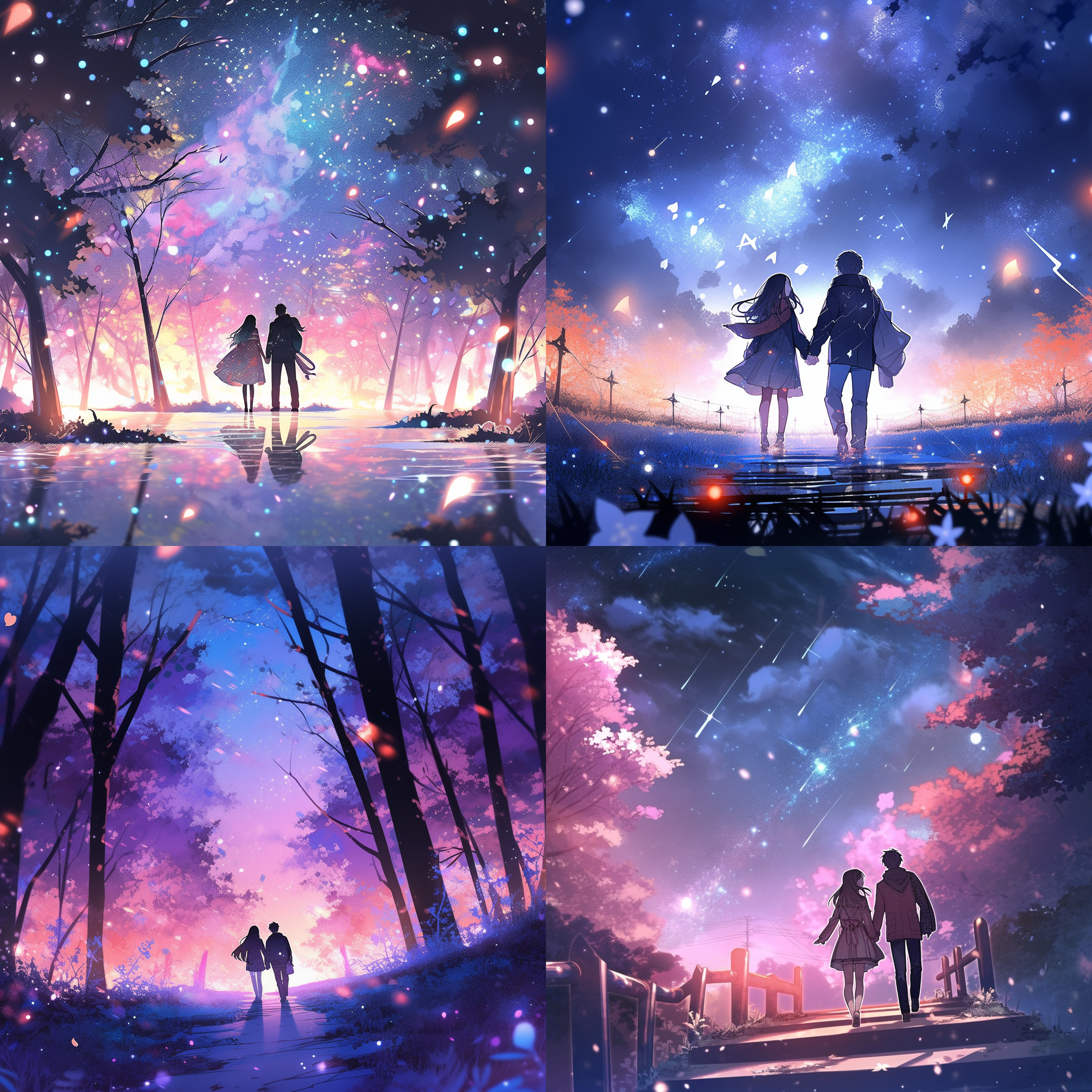 恋人手牵手漫步，星空下，喜鹊飞舞，温馨浪漫，背景音乐，柔和光线，50毫米镜头，夜晚，色彩缤纷，幸福，浪漫。