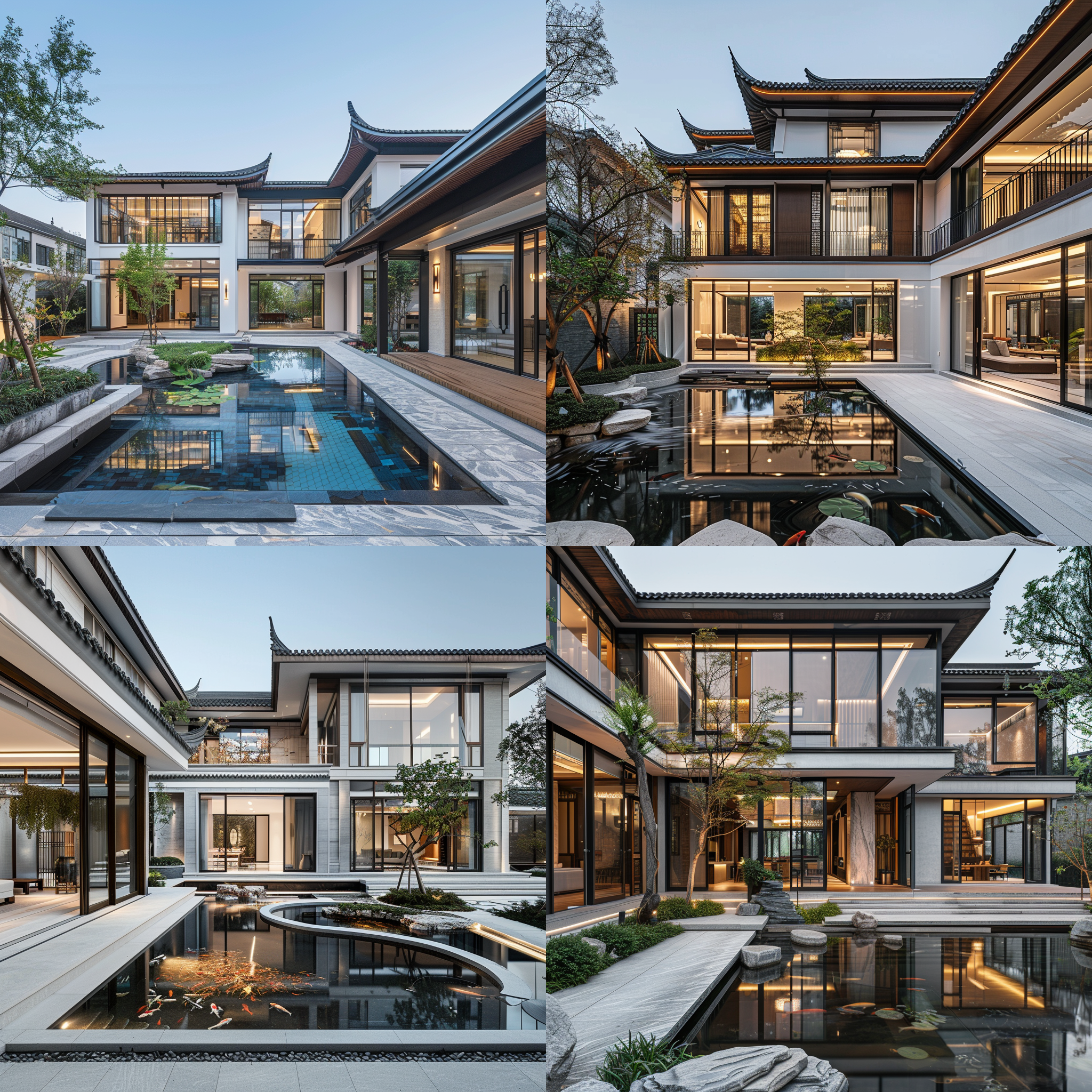 新中式别墅，大落地窗，三层露台，景观院落，凉亭，鱼塘，石板汀步，室内外融合，明亮色调，中焦镜头，自然光，休闲。