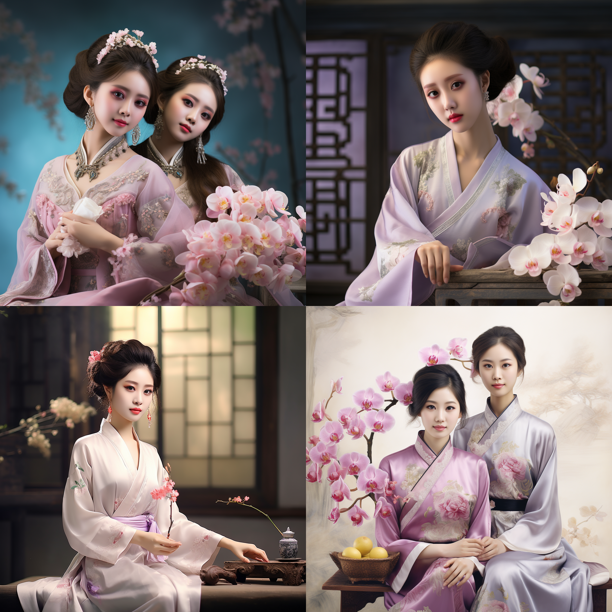 东方美少女穿着兰花造型的服饰，场景里有兰花盆景，背景素雅，有中国书法元素 东方美少女，兰花造型服饰，盆景，中国书法元素，素雅背景，柔和光线，肖像模式，细节丰富，传统风格，优雅情感。