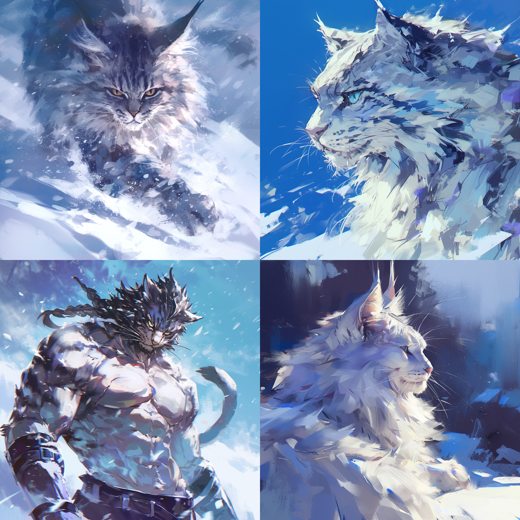 缅因猫王者，雪地对角线，冷色调，长焦镜头，眼神锐利，小猫跟随，细雪纷飞，高光反射，肌肉线条，优雅威严，霸气十足。