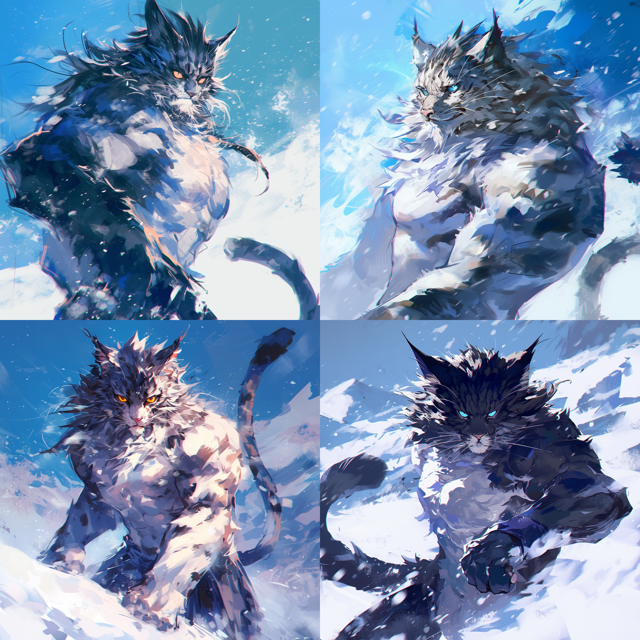 缅因猫王者，雪地对角线，冷色调，长焦镜头，眼神锐利，小猫跟随，细雪纷飞，高光反射，肌肉线条，优雅威严，霸气十足。