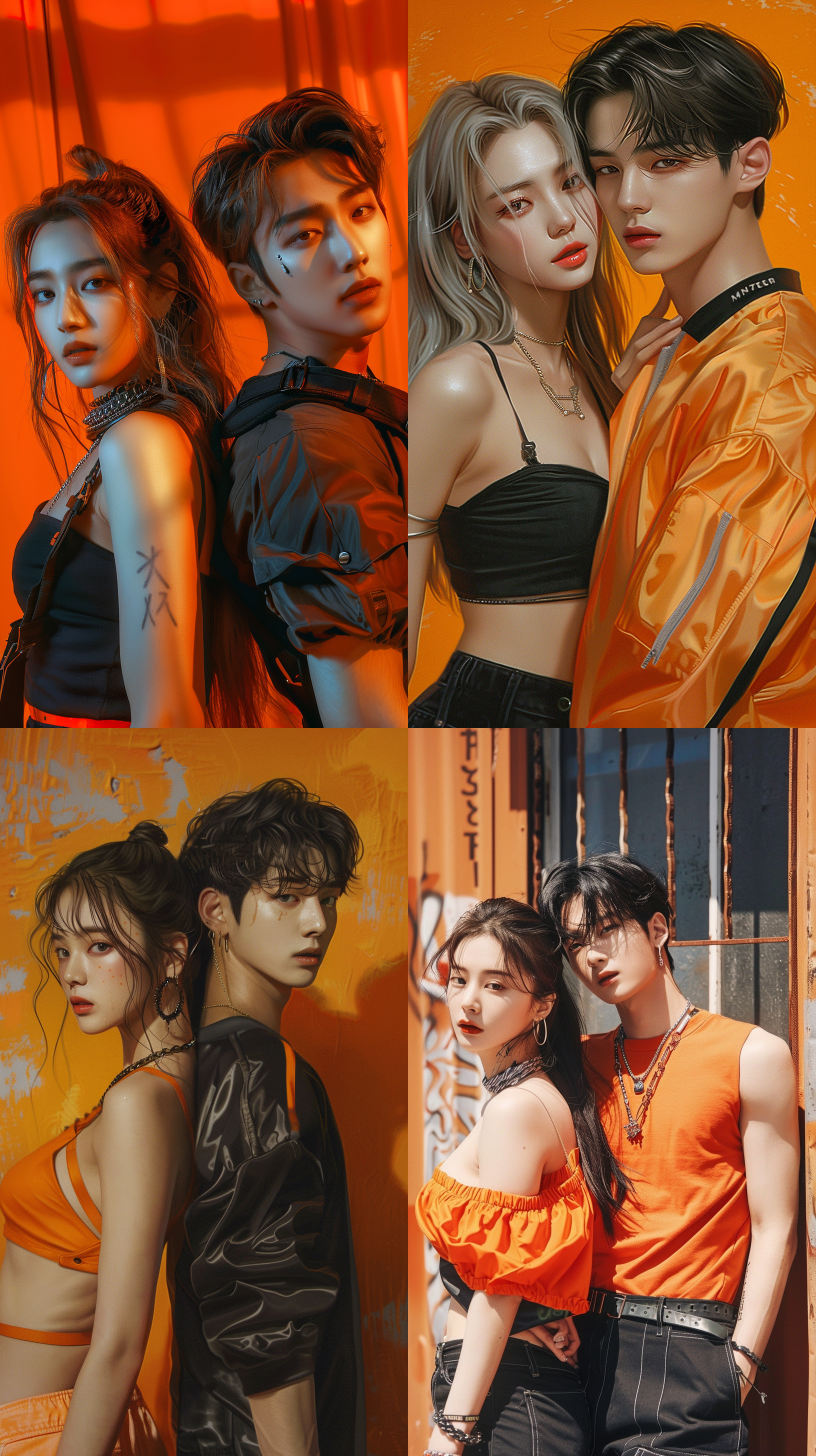 男女明星，k-pop风格，黑橙搭配，正面拍摄，五官精致，肌肉线条，半身构图，背景透明，冲击力强，色彩艳丽，真实质感。