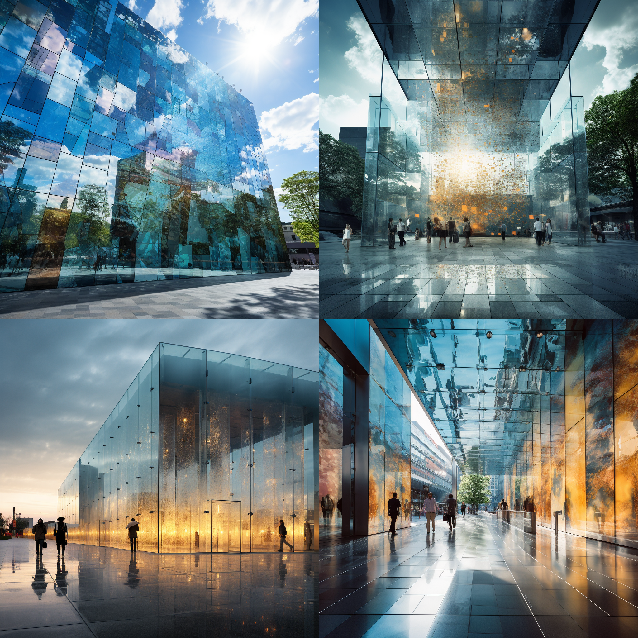 现代建筑玻璃幕墙，中央广场，纯步行街道，群众活动，超现实艺术装置，阴天气候，精细人像，环境人群，金属质感，动态。