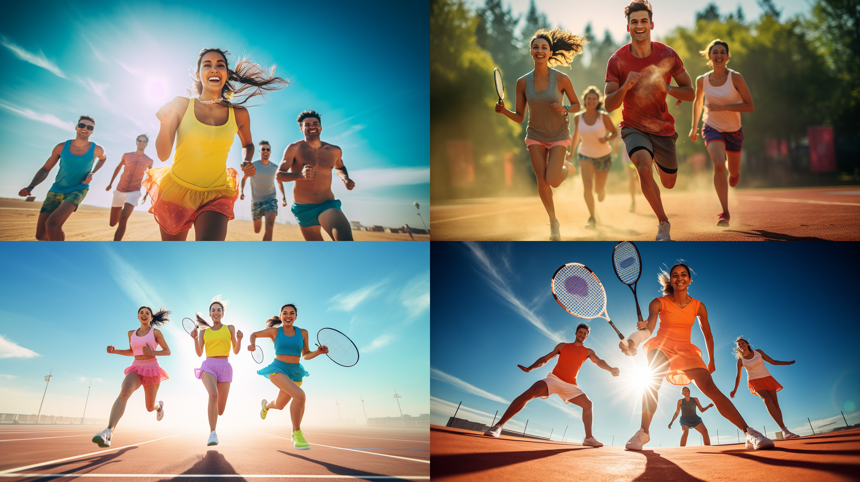 四人羽毛球，室外场地，高清晰度，全身拍摄，运动服装，动感表情，阳光下, 羽毛球场，长焦镜头，运动动作，活力，合作，明亮色调。