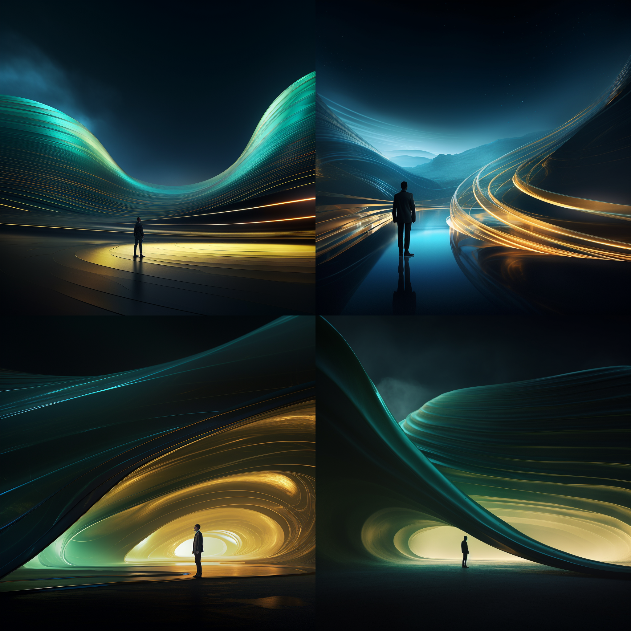 小人站在弯曲山谷前，概念光雕风格，暗金和蓝绿色，josh adamski，未来主义建筑，重复，marcin sobas低角度，环境，灯光，构图，色彩，情感。