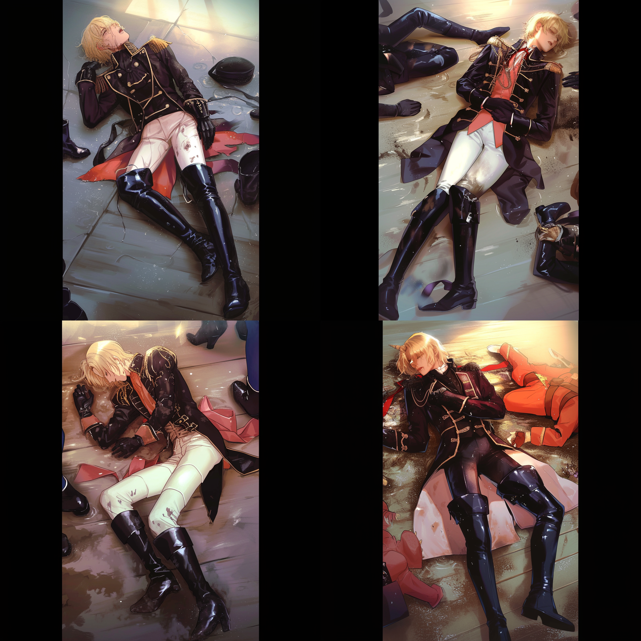 脚穿过膝长靴戴皮革手套的金发贵族少年倒在野外的泥塘里，华贵的衣服肮脏破烂，嘴巴张开，脸上嘴里身上靴子上都溅满了肮脏的泥水，周围有很多人围观，脖子上紧紧勒着一条长长的打结的红色丝带，昏迷，闭眼，表情痛苦，下大雨，阴天，泥土 