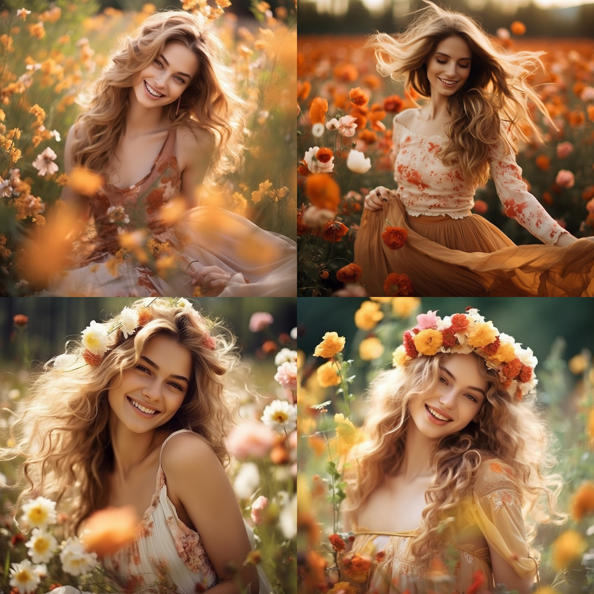 春天甜美女孩，花海中，柔和光线，自然风格，长裙，微笑，花朵头饰，温暖色调，静态。