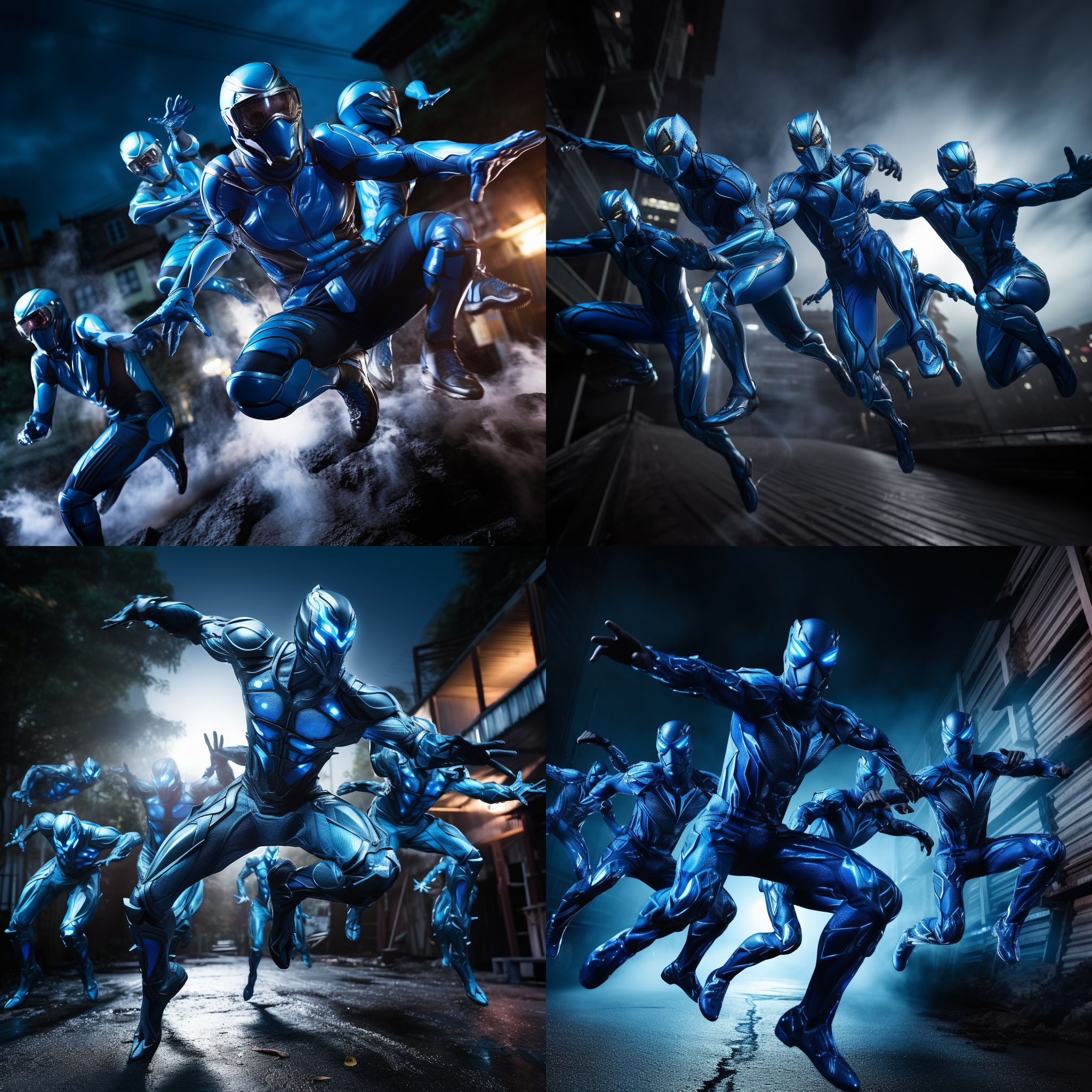 所有奥特曼，集体出击，城市背景，动作造型，特技表演，蓝色调，特写镜头，逆光，飞跃，震撼。