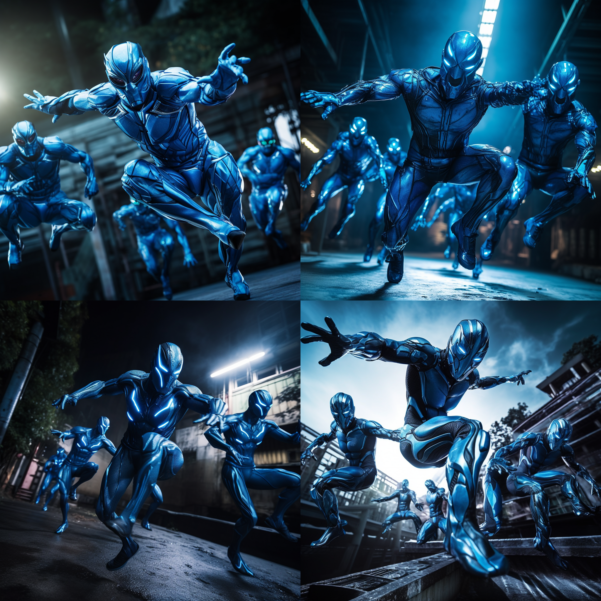 所有奥特曼，集体出击，城市背景，动作造型，特技表演，蓝色调，特写镜头，逆光，飞跃，震撼。