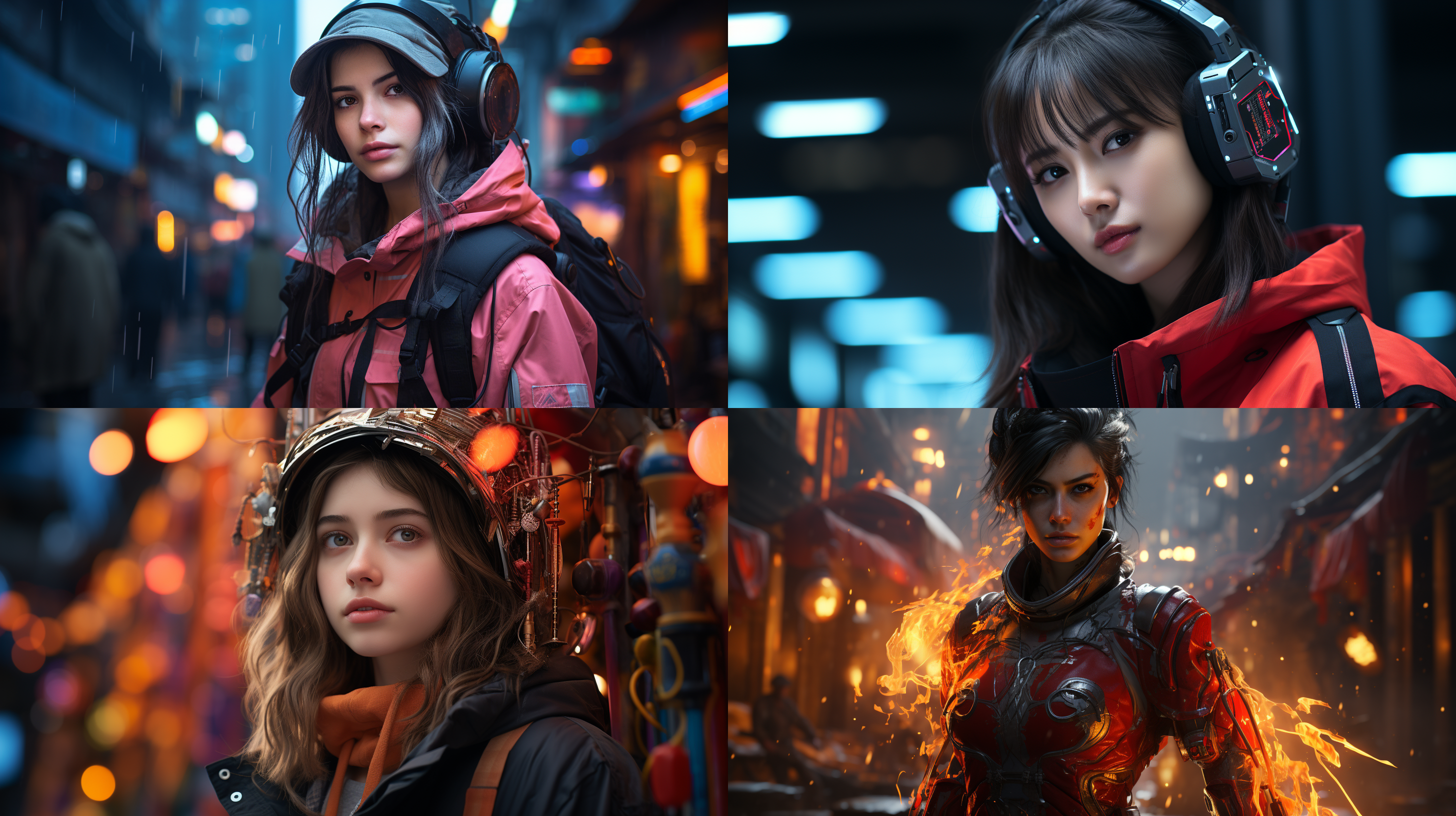 亚洲18岁女孩，身着中国风未来金属机甲，紧身衣服，cg风格，科幻颜色，c4d渲染，从色彩绚丽，背景为中国风科幻建筑，创意设计，动态姿势，led灯灯，视觉冲击，神秘氛围，科幻电影效果。