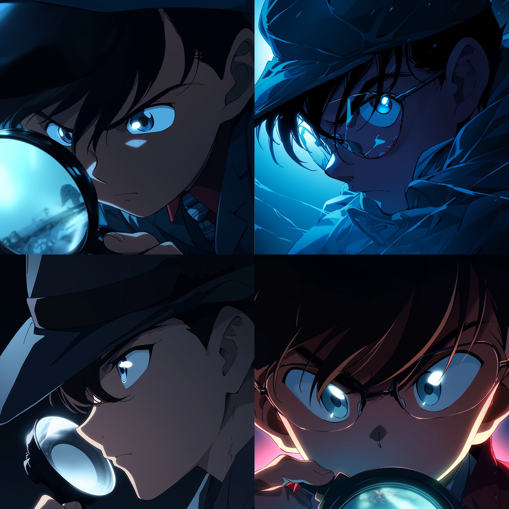 名侦探柯南破案，阴暗凶宅，低角度视角，蓝色调，长焦镜头，侧光，放大特写，紧张，推理中。