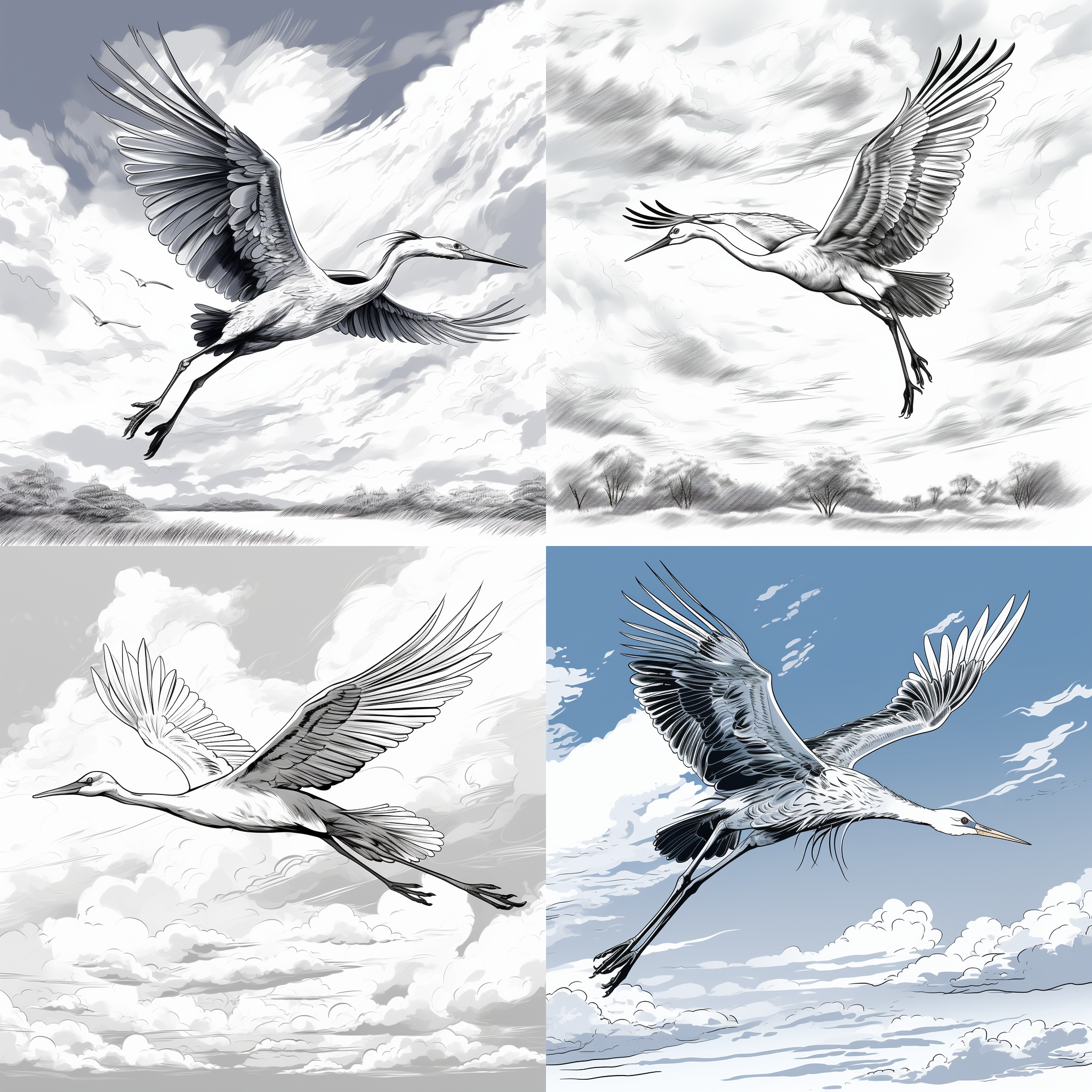 飞翔的仙鹤线描，逆光拍摄，高速快门，清晰轮廓，蓝天白云背景，细长长腿，优雅姿态，黑白色调，动感。