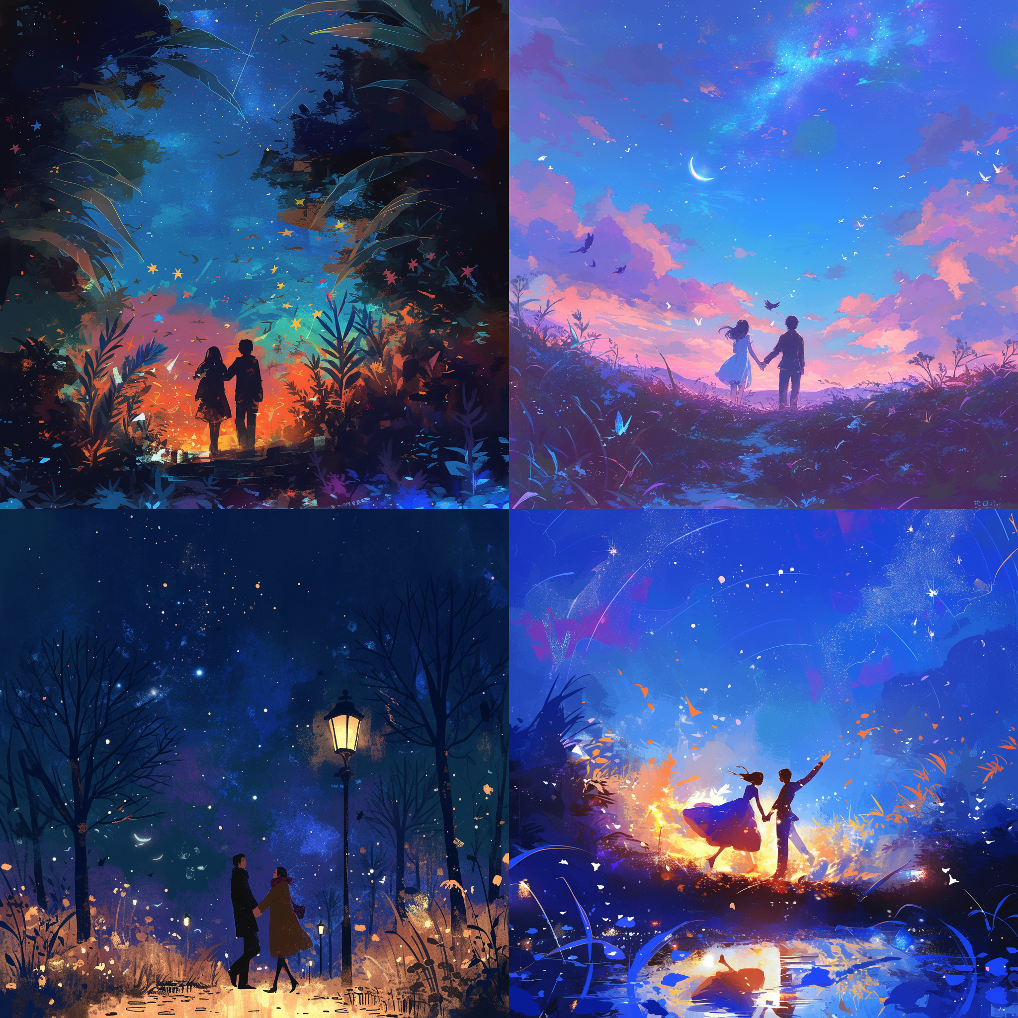 恋人手牵手漫步，星空下，喜鹊飞舞，温馨浪漫，背景音乐，柔和光线，50毫米镜头，夜晚，色彩缤纷，幸福，浪漫。