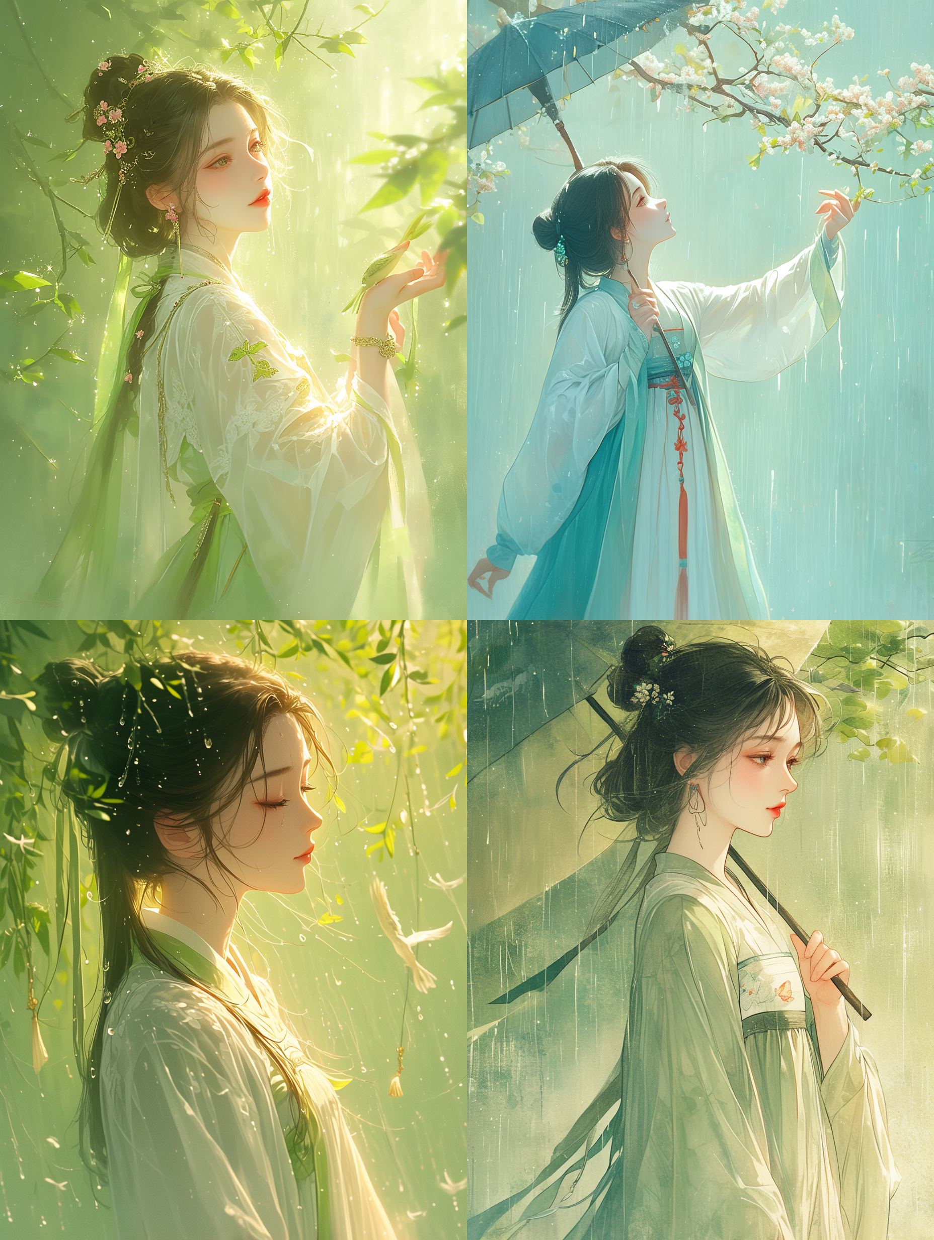 汉服女孩，绿色春天背景，春雨细腻，润泽大地，叶片舞动，花朵盛开，江南水乡，雨丝如诗，柳垂莺啼，城市街头，湿润光泽，春雨洗净，清新呼吸，柔和色调，中焦镜头，自然光，优美动作，宁静欣喜。