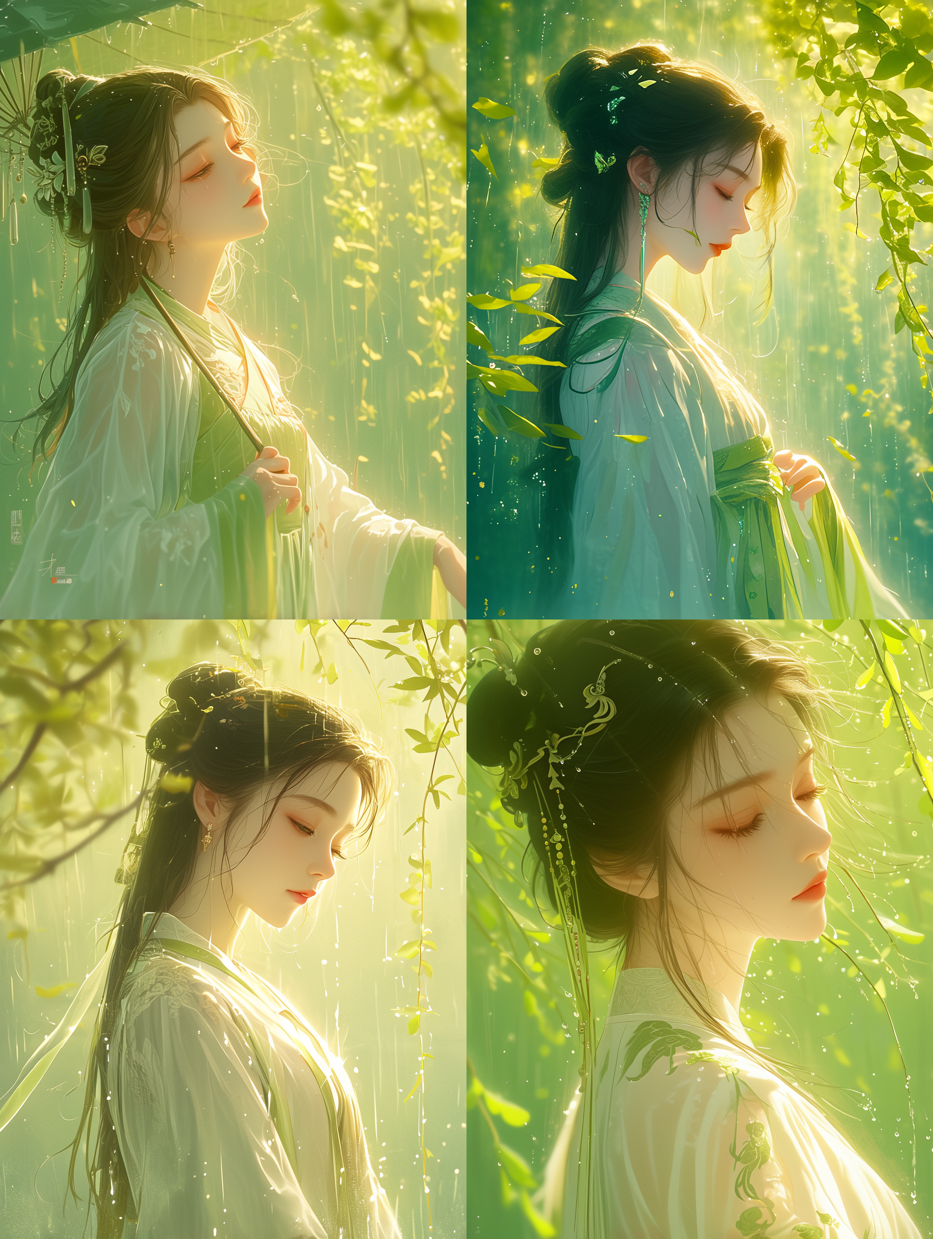 汉服女孩，绿色春天背景，春雨细腻，润泽大地，叶片舞动，花朵盛开，江南水乡，雨丝如诗，柳垂莺啼，城市街头，湿润光泽，春雨洗净，清新呼吸，柔和色调，中焦镜头，自然光，优美动作，宁静欣喜。