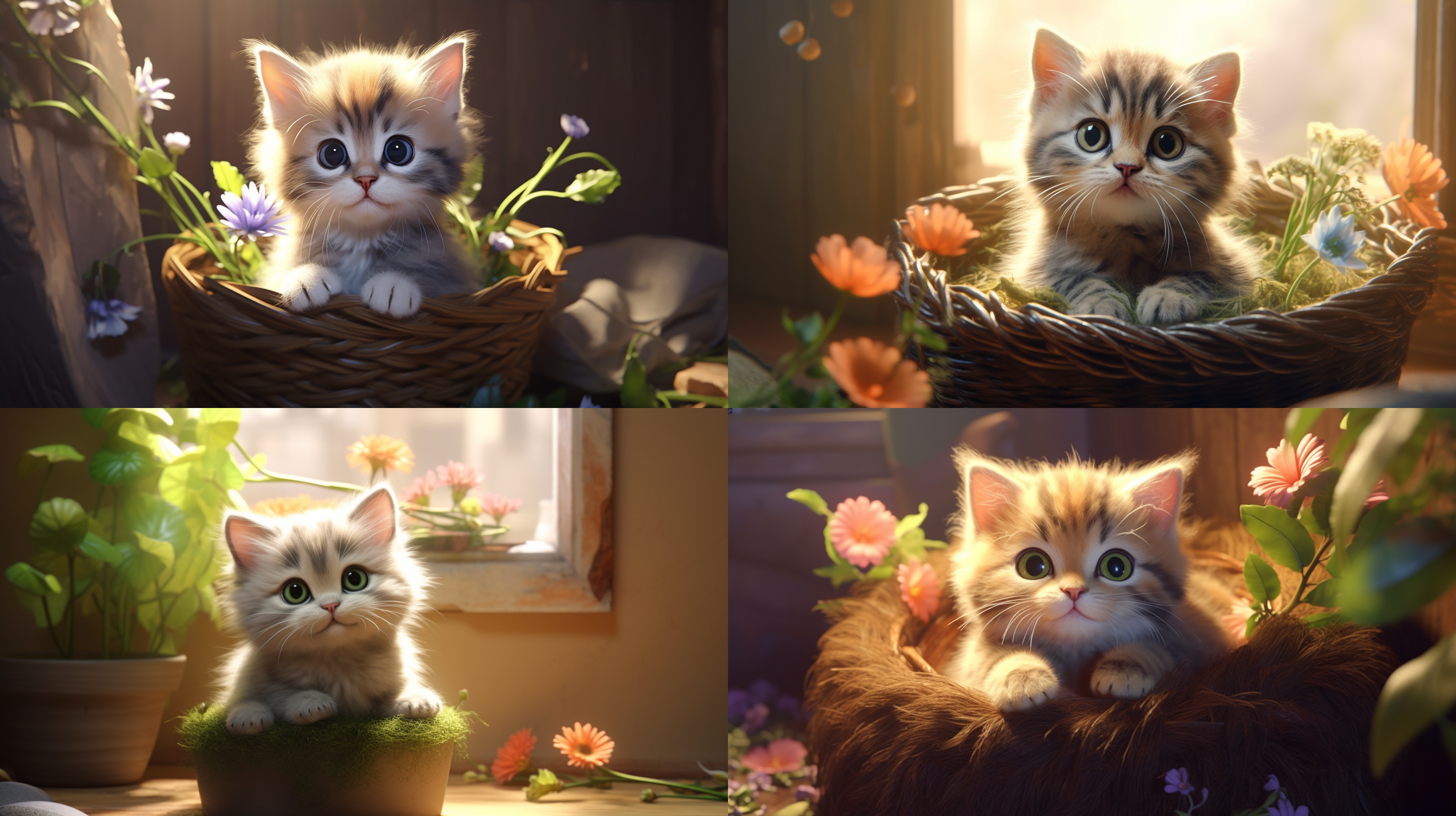 一只可爱的小花猫猫咪蹲在猫窝里睁着好奇，惊讶的眼神看着什么！呆萌可爱，阳光光线，室内真实光线，写实，现实风格，超高清