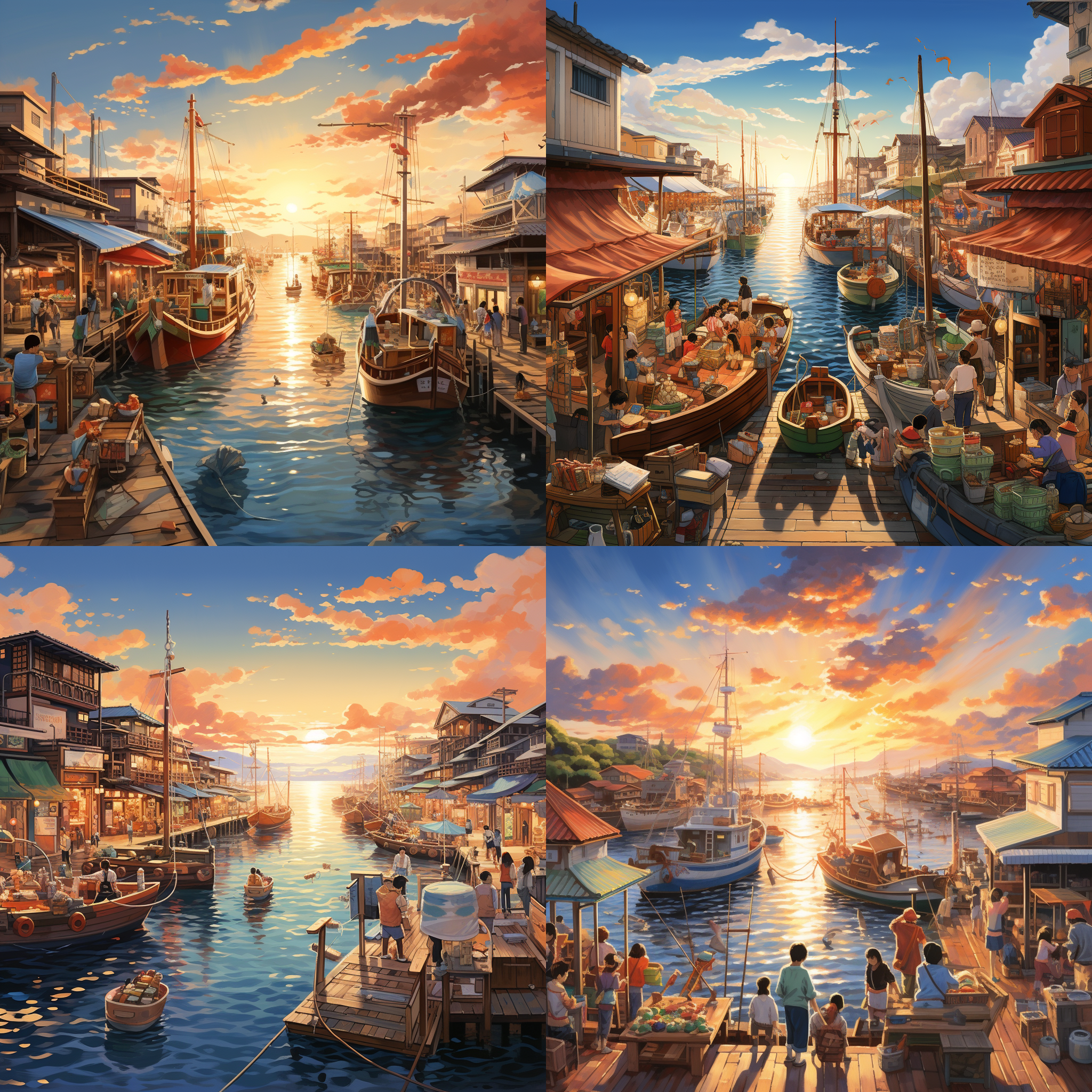 宫崎骏风格，父母出售捕捞到的鱼，市场熙攘。笑容，顾客交谈，热情努力。渔船建筑背景。色彩繽紛，温暖光线，风景广阔，童真，欢乐，繁忙。