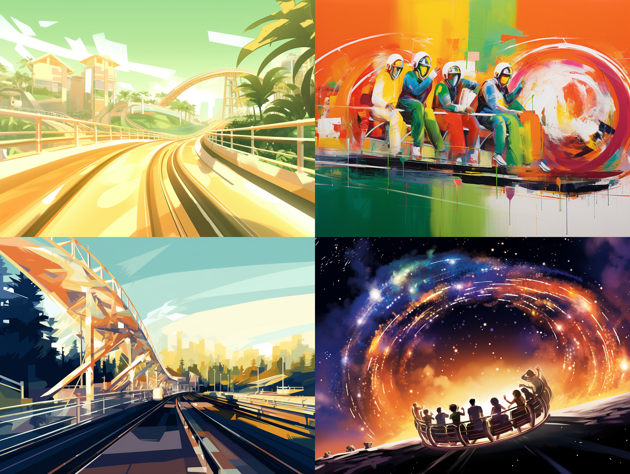 a roller coaster，run，从画面右侧往左侧前进，轨道上下起伏，画面划分成奶白、橙、黄、青四个色域，野兽派画风，油画 野兽派 星云 天空 宽景 浅橙 柠檬黄 浅绿 象牙白 彩虹色