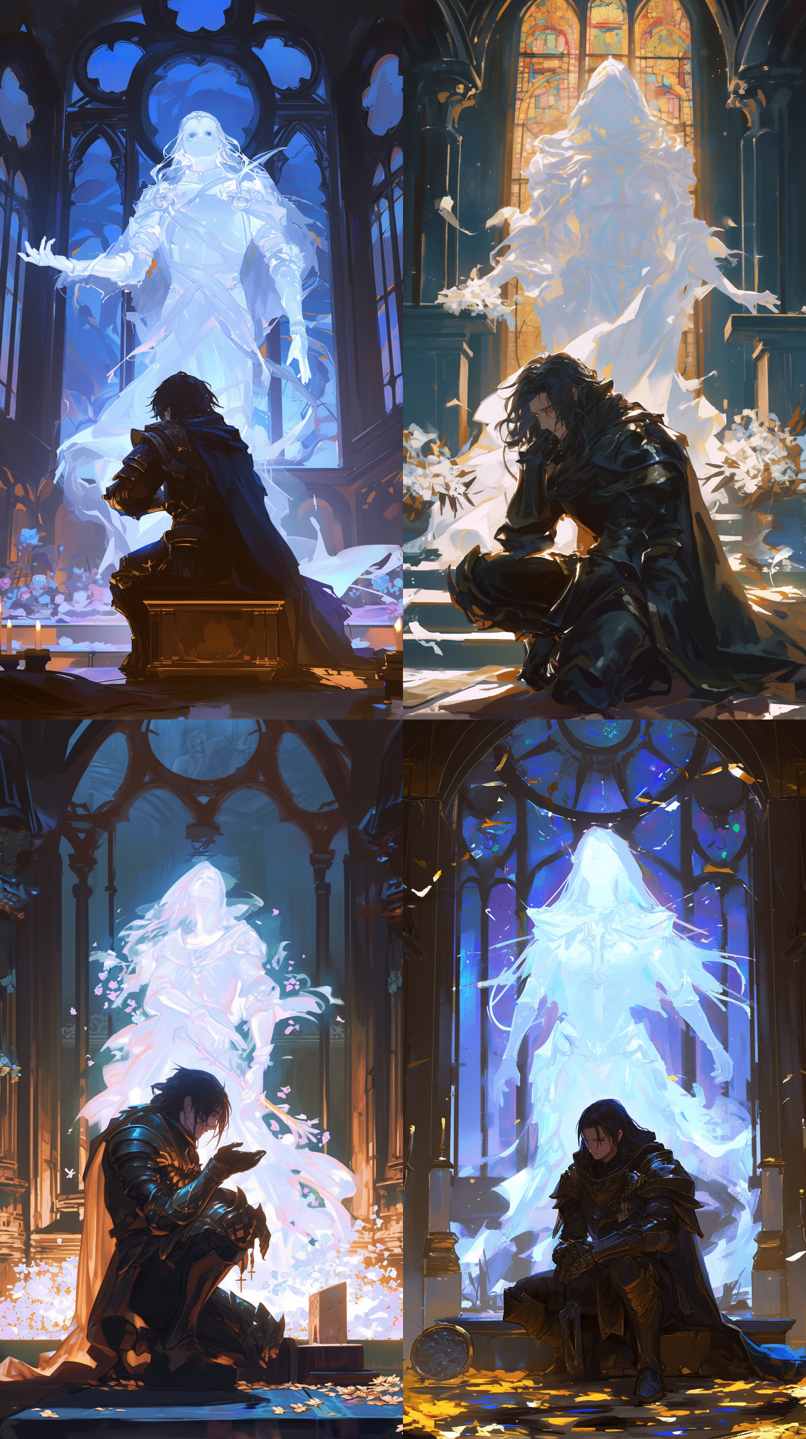 黑发男圣骑士跪倒在妻子的墓碑前，妻子的灵魂以洁白的颜色在男圣骑士身后。男圣骑士瞳孔异色，神情哭泣，氛围忧伤，教堂门口，黄昏，能量展现