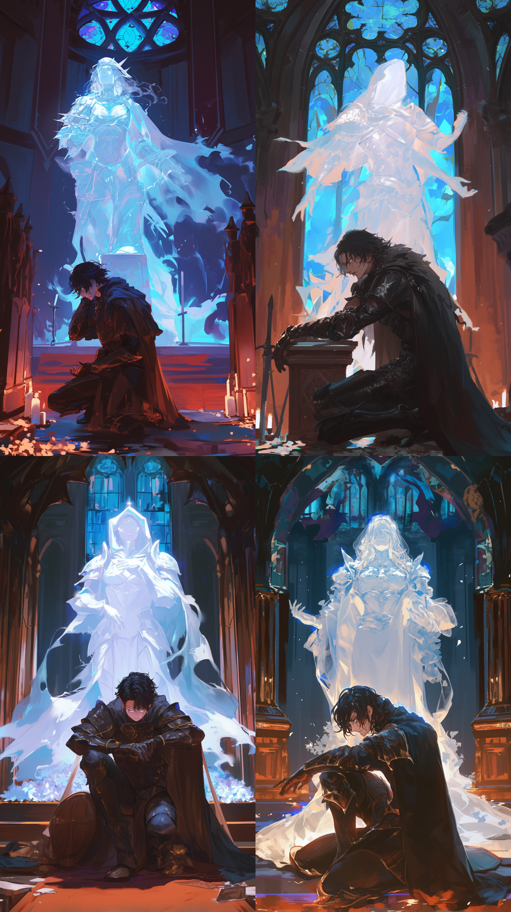 黑发男圣骑士跪倒在妻子的墓碑前，妻子的灵魂以洁白的颜色在男圣骑士身后。男圣骑士瞳孔异色，神情哭泣，氛围忧伤，教堂门口，黄昏，能量展现