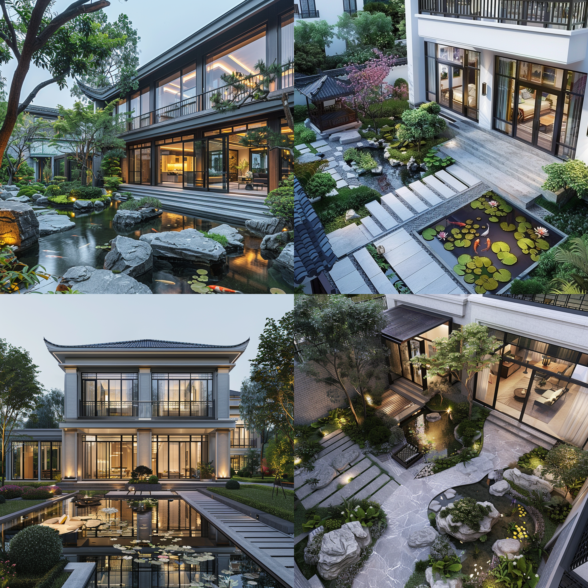 新中式别墅，大落地窗，三层露台，景观院落，凉亭，鱼塘，石板汀步，室内外融合，明亮色调，鸟瞰镜头，自然光，休闲。