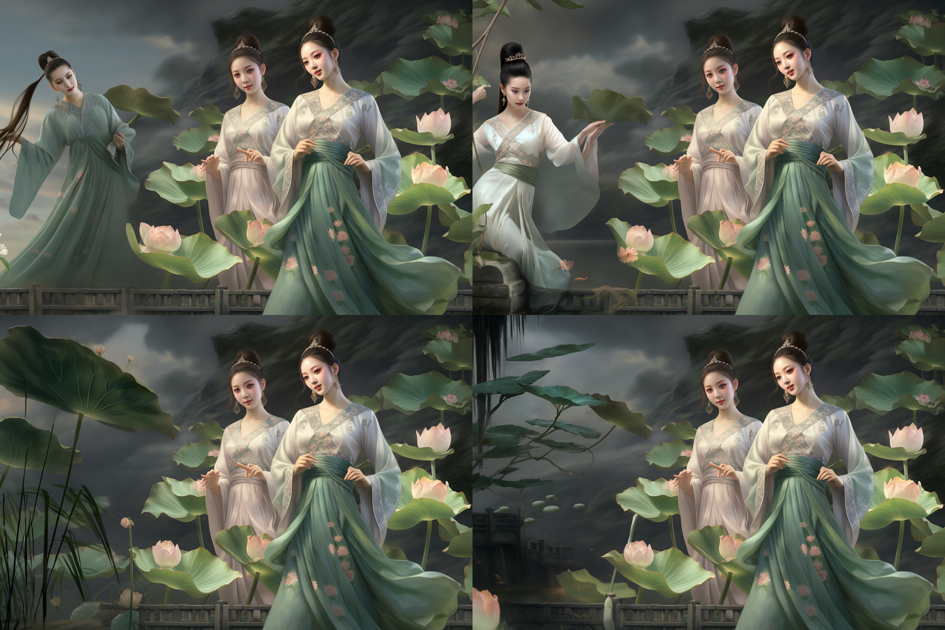 亚洲少女穿着莲花与荷叶造型的服饰，具有东方美学与现代气质 环境：花园 服饰：莲花与荷叶造型 风格：东方美学，现代气质 特点：柔和光线，细节丰富，端庄表情 颜色：绿色，粉色 情感：优雅，神秘