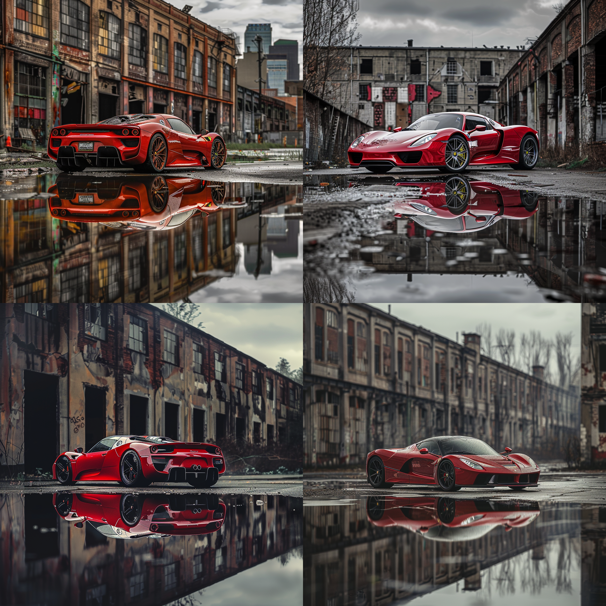 汽车类型：法拉利918，展现其独特的设计和线条。 拍摄角度：保持低角度视角，以强调法拉利918的动感和力量。 汽车位置：汽车位于图像的中央，成为视觉焦点。确保车辆前方的倒影清晰可见，增加图像的深度。 背景：维持荒废的建筑作为背景，但根据法拉利918的颜色调整背景的色彩和亮度，以匹配汽车的活力和色彩。 光线和天气：保持阴沉的天空和柔和的光线，强调神秘和戏剧性的氛围。 颜色和调色：依据法拉利918的主色调（例如，如果是红色，可以加强图像中的红色和温暖色调），让汽车与周围环境协调，同时保持冷色调的背景以突出汽车。 对称与反射：在湿漉漉的道路上清晰展示法拉利918的倒影，增加图像的对称美和视觉兴趣。