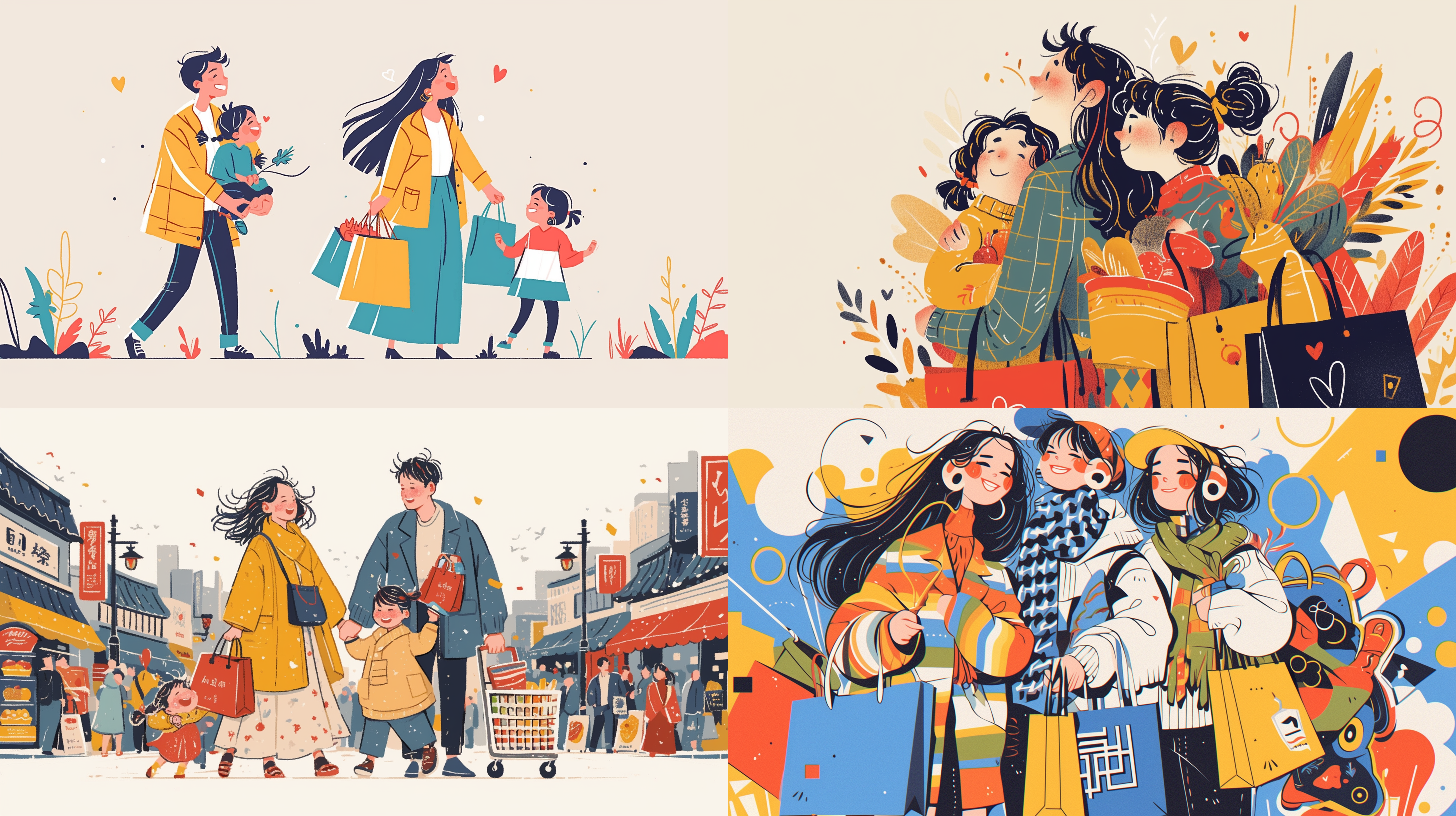 一家三口，购物，矢量插画，白色背景，极简扁平风格，孟菲斯风格，矢量风格4k画质，极简设计，高清晰度。