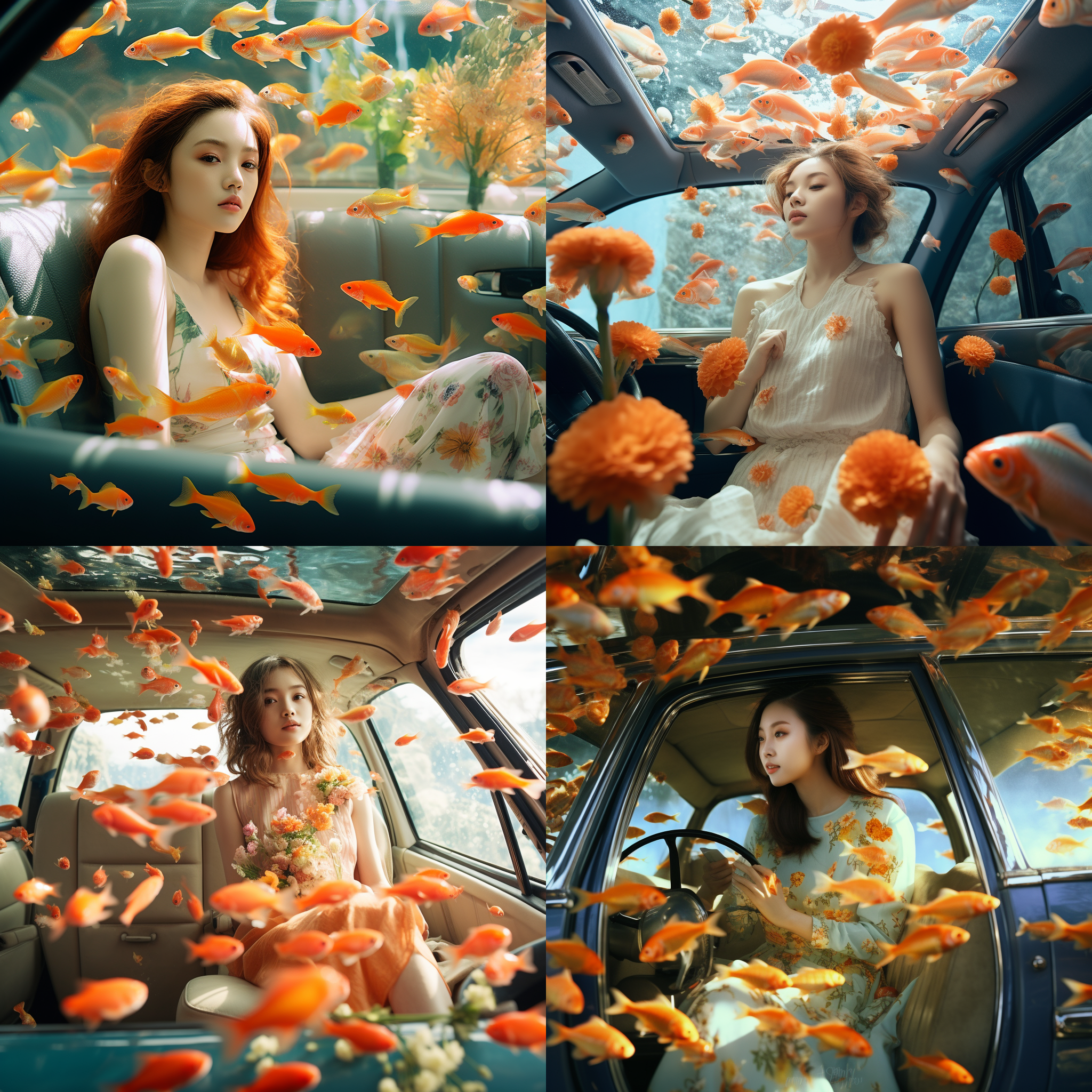 女孩坐在车里，金鱼和花充满整个车厢，金鱼可以飞，川口蓮子的艺术，自然姿势，假日爸爸风格，充满青春活力和压力，身体伸展，金鱼在天空中模拟电影，超高细节，梦幻高摄影。色彩缤纷。被水和金鱼覆盖，室内场景，xt4电影的特写镜头。