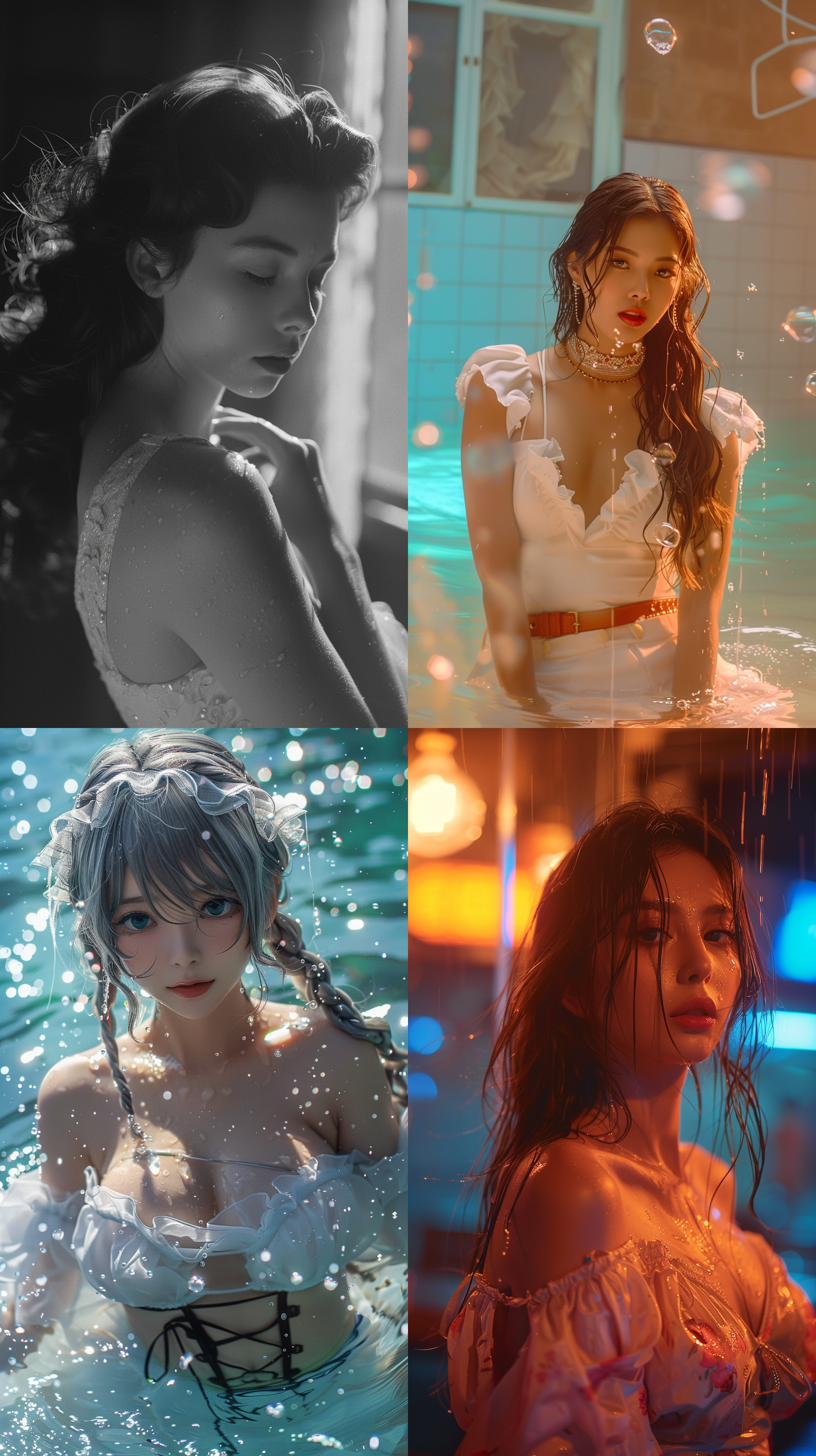 水中美女，优雅曲线，半身照，复古风格，柔和色调，标准镜头，柔光灯，梳理长发，头发滴水，放松愉悦。