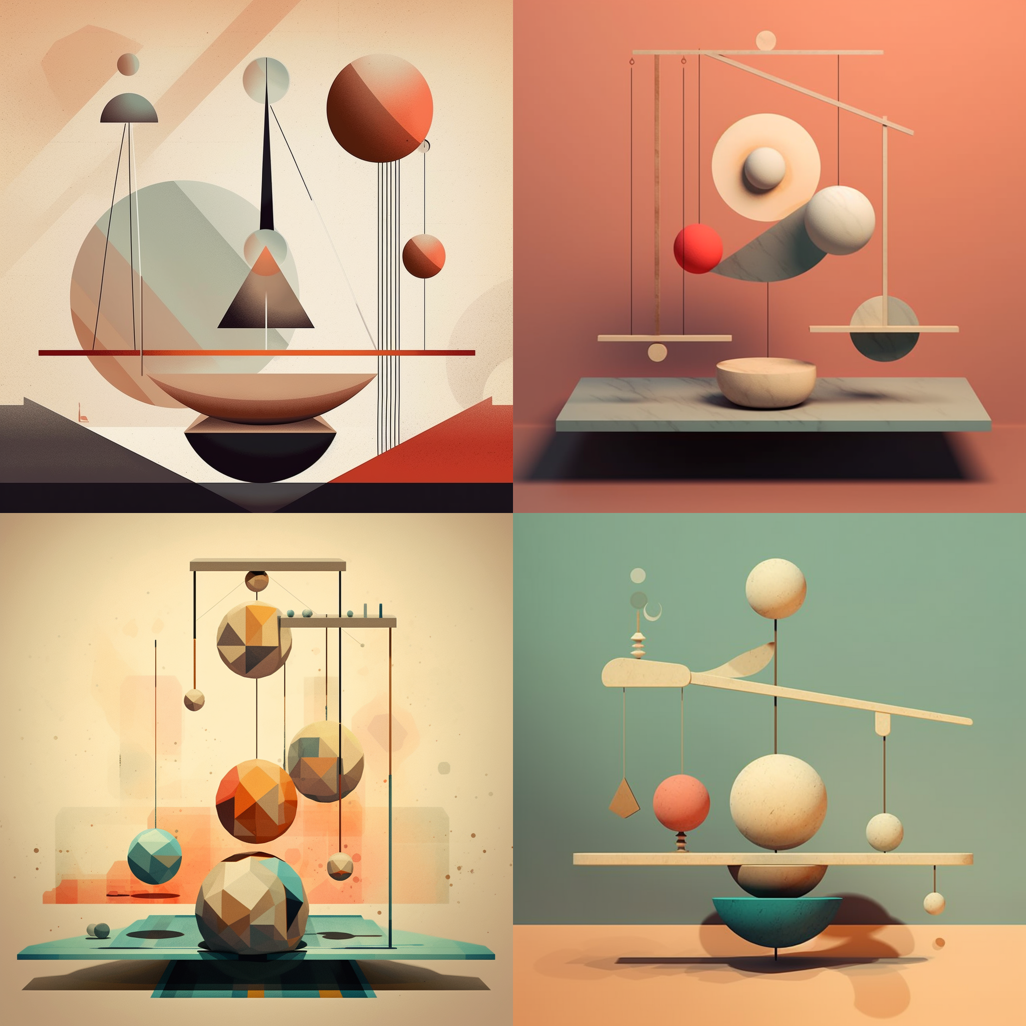 抽象插画风格，平衡的天平，柔和色彩，几何形状，超现实主题，曲线光影效果，情感共鸣，创意构图，艺术氛围。