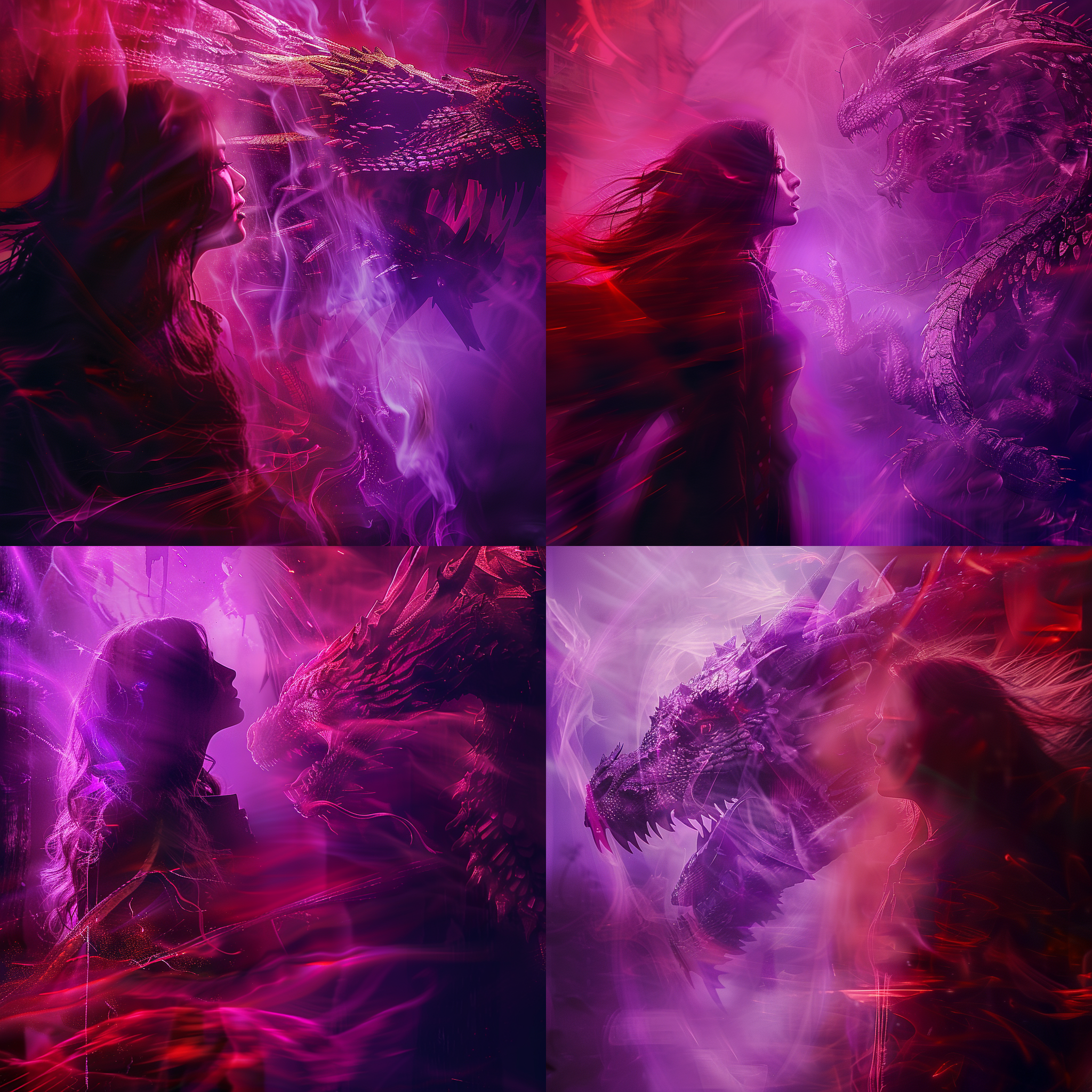 红紫融合，龙女主角，双重曝光，幻想风格，逆光拍摄，长焦镜头，神秘色调，飘动长发，深情凝视。