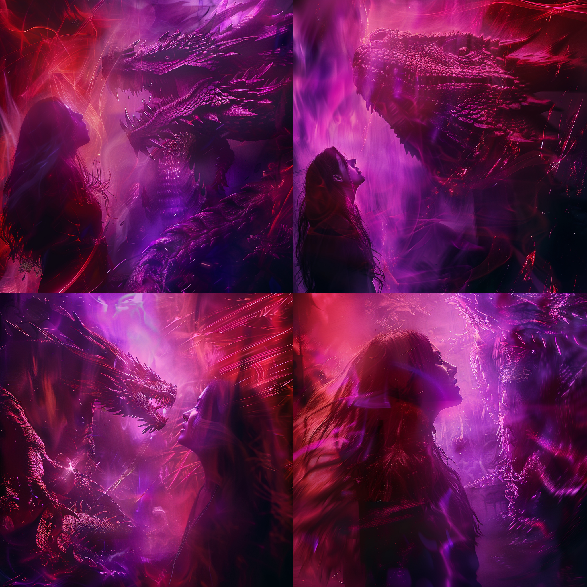 红紫融合，龙女主角，双重曝光，幻想风格，逆光拍摄，长焦镜头，神秘色调，飘动长发，深情凝视。