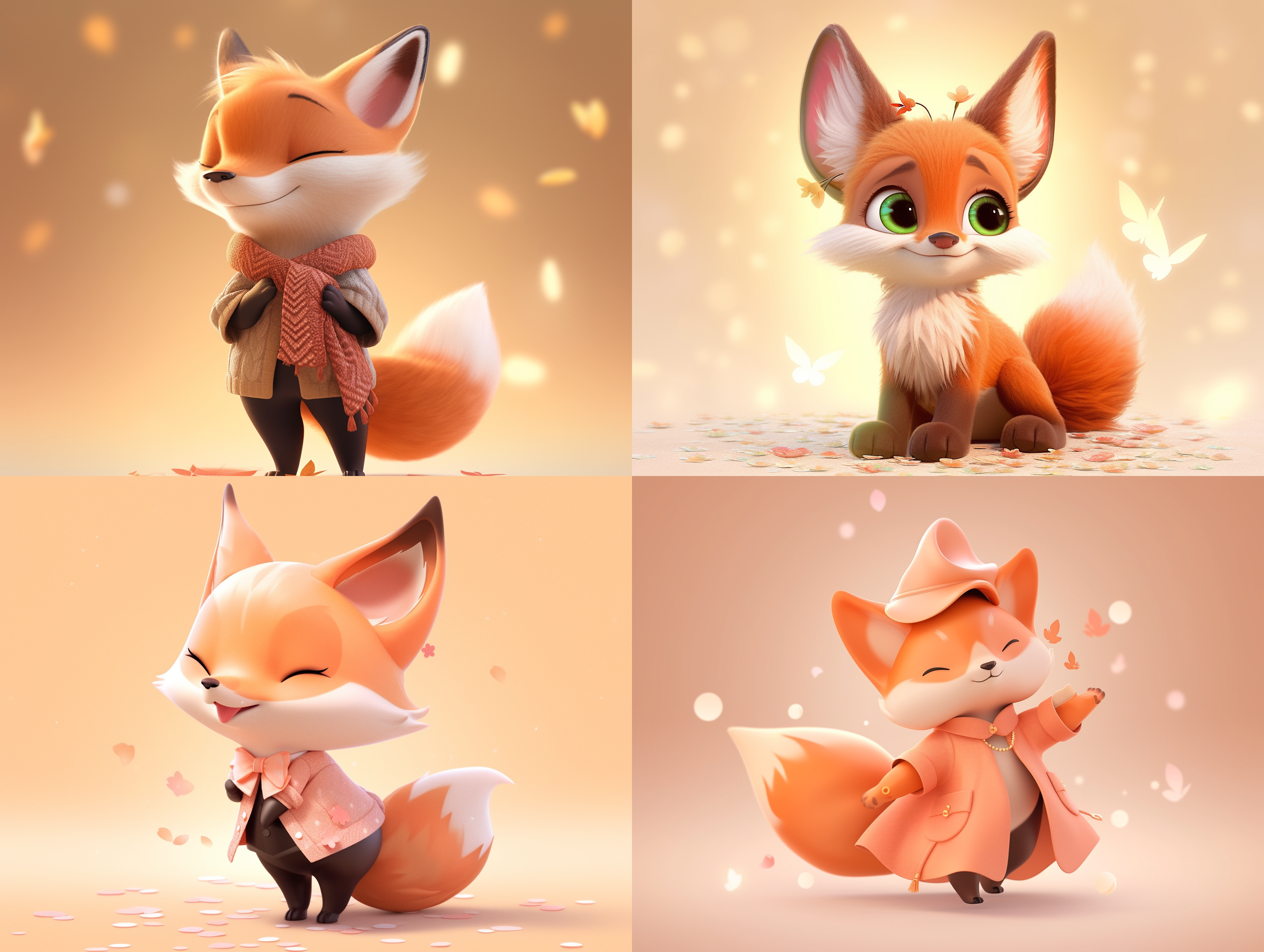 a cule little fox dressed in fashion,disney pixar style,hand puppet,pop mart,super delicate,natural light,soft gradient,soft colors,clean background,smooth surface,soft light and shadow,delicate face,action pose,dribbble,behance,3d style,c4d,blender,oc rederer,while background