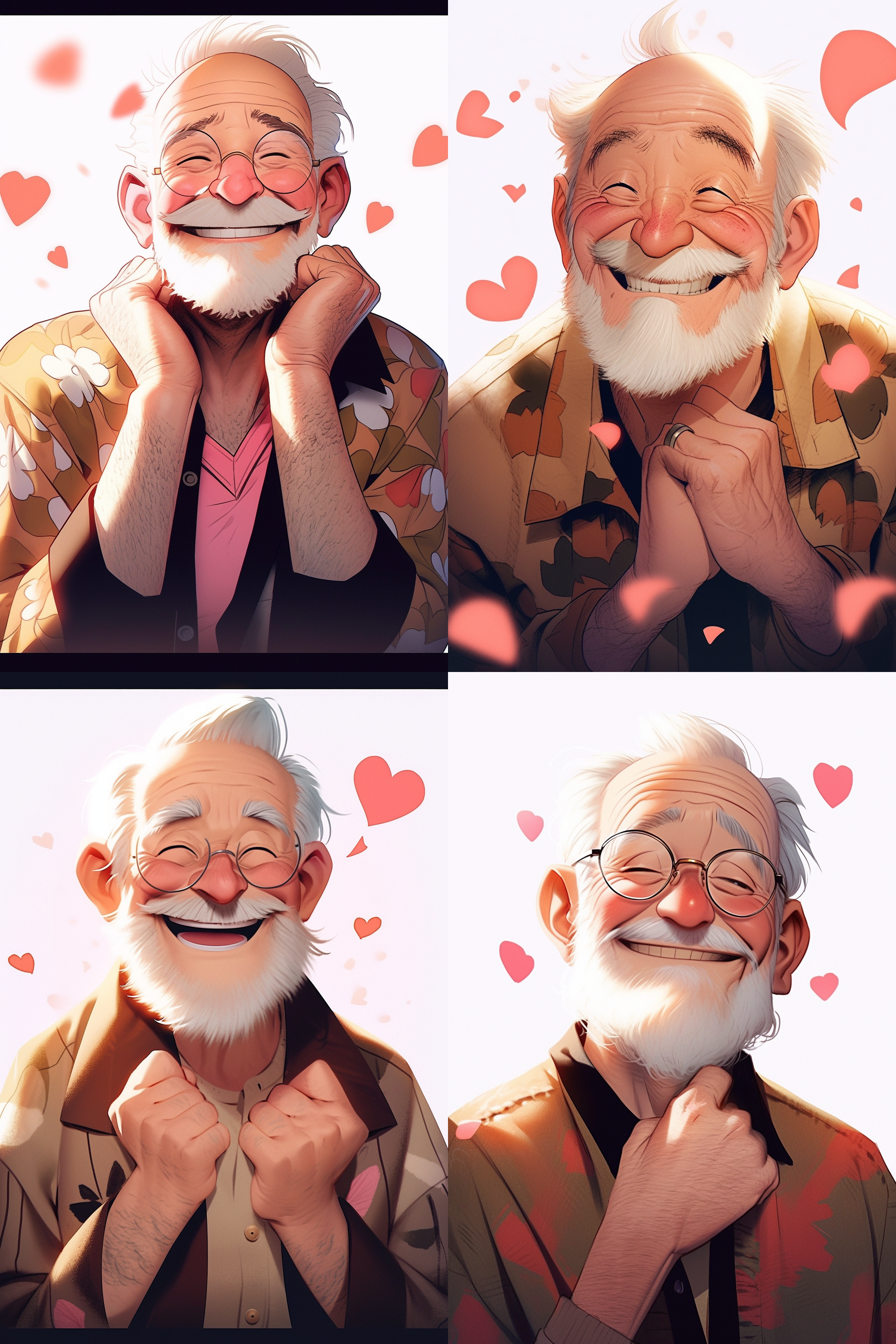 没有胡子，可爱老头，卡通 温暖色调，简约风格，正面视角，笑容，明亮灯光，细节丰富，插画效果，幸福，童趣。