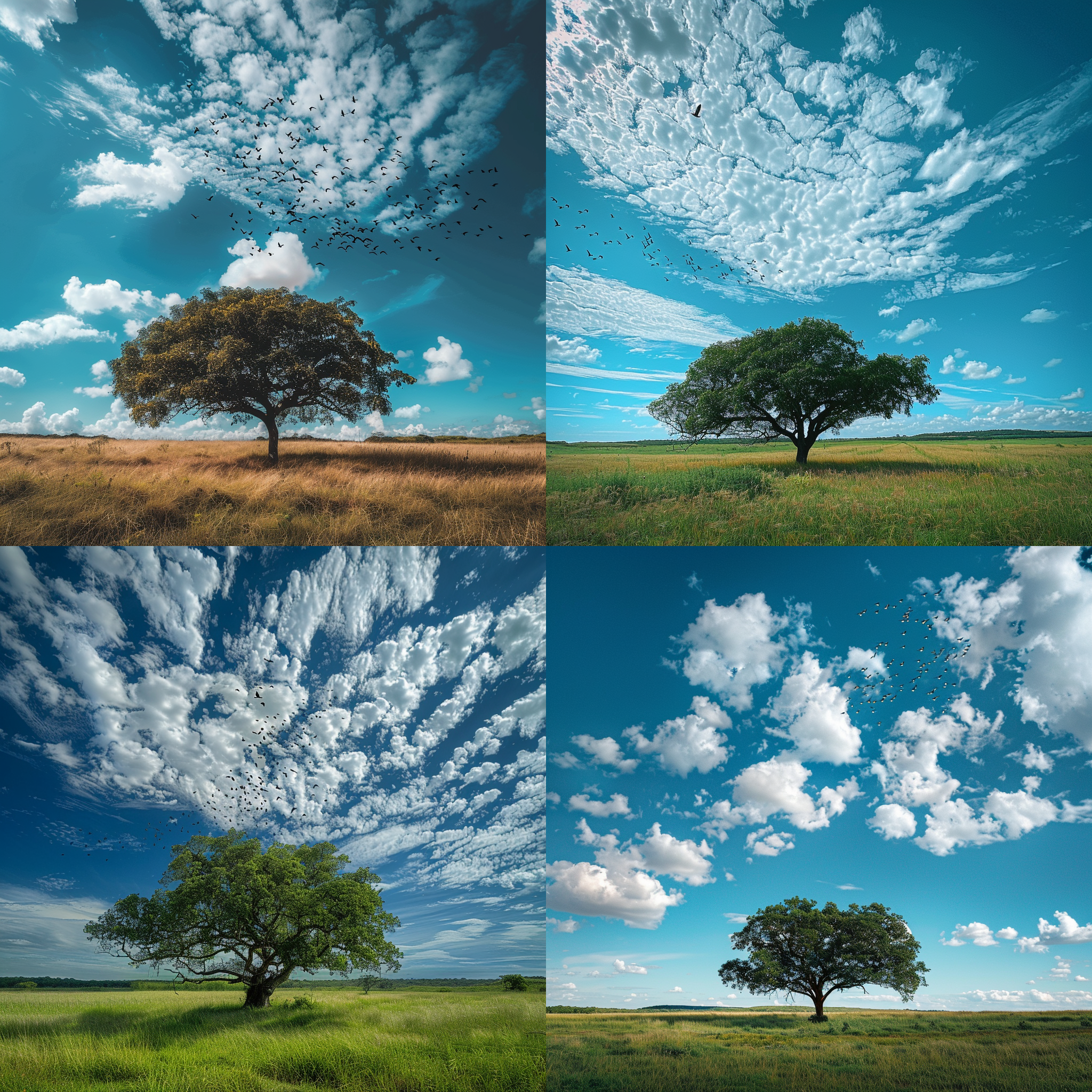 蓝天白云下，一棵繁茂的大树矗立在广阔的草原上。飞鸟在树枝间穿梭，构成一幅自然壮丽的画面。这张照片以超广角镜头俯视拍摄，呈现出广袤的天空和细腻的云朵纹理。图像清晰度高，色彩饱满，展现出2020s时代的摄影技术水平。