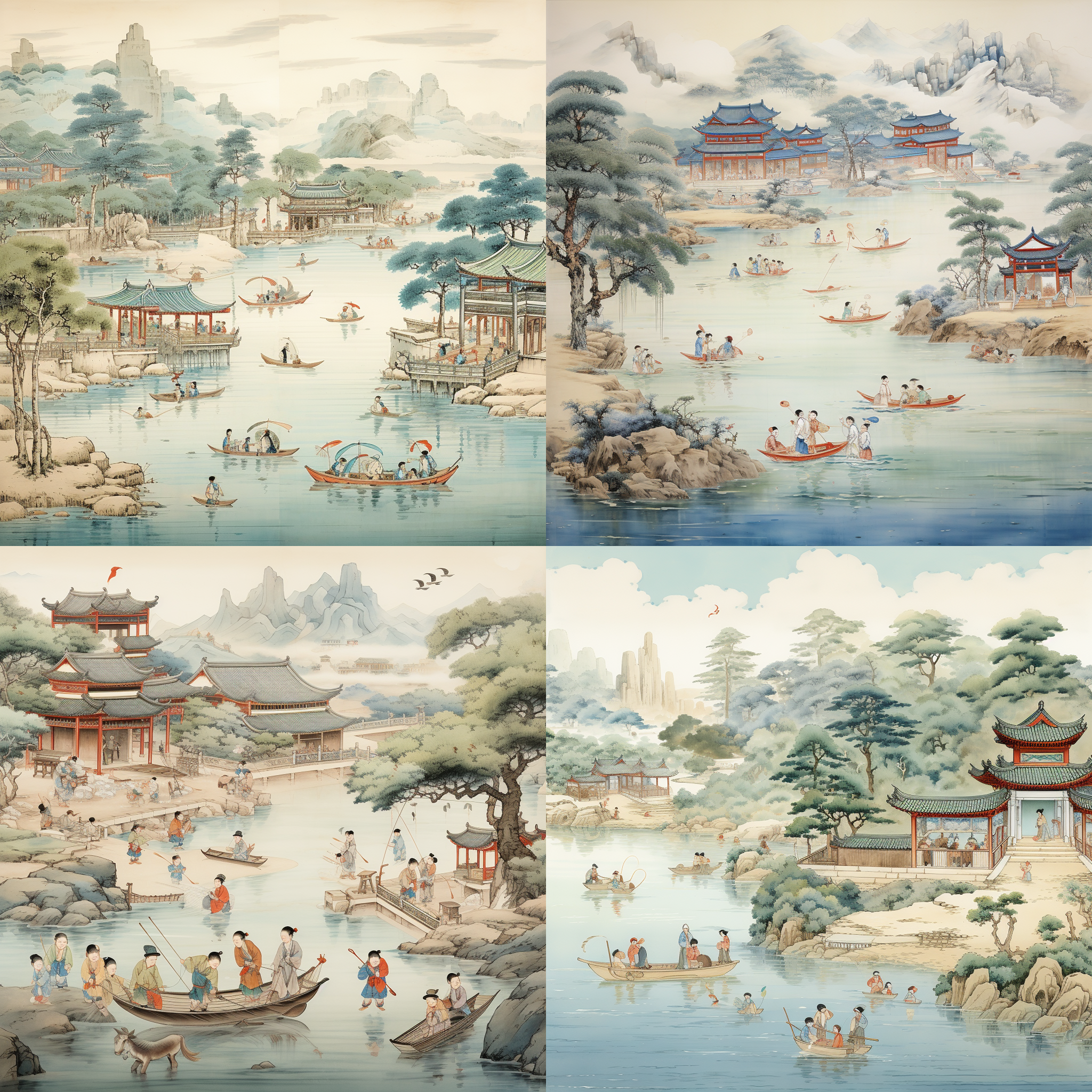 儿童嬉戏湖边，明清风格，宣纸画背景，青成色调，山水小桥，古树溪水，亭子房子，钓鱼人划船，古代生活场景，全景视角，和谐色彩，古典服饰，快门速度适中，轻松愉悦情绪。