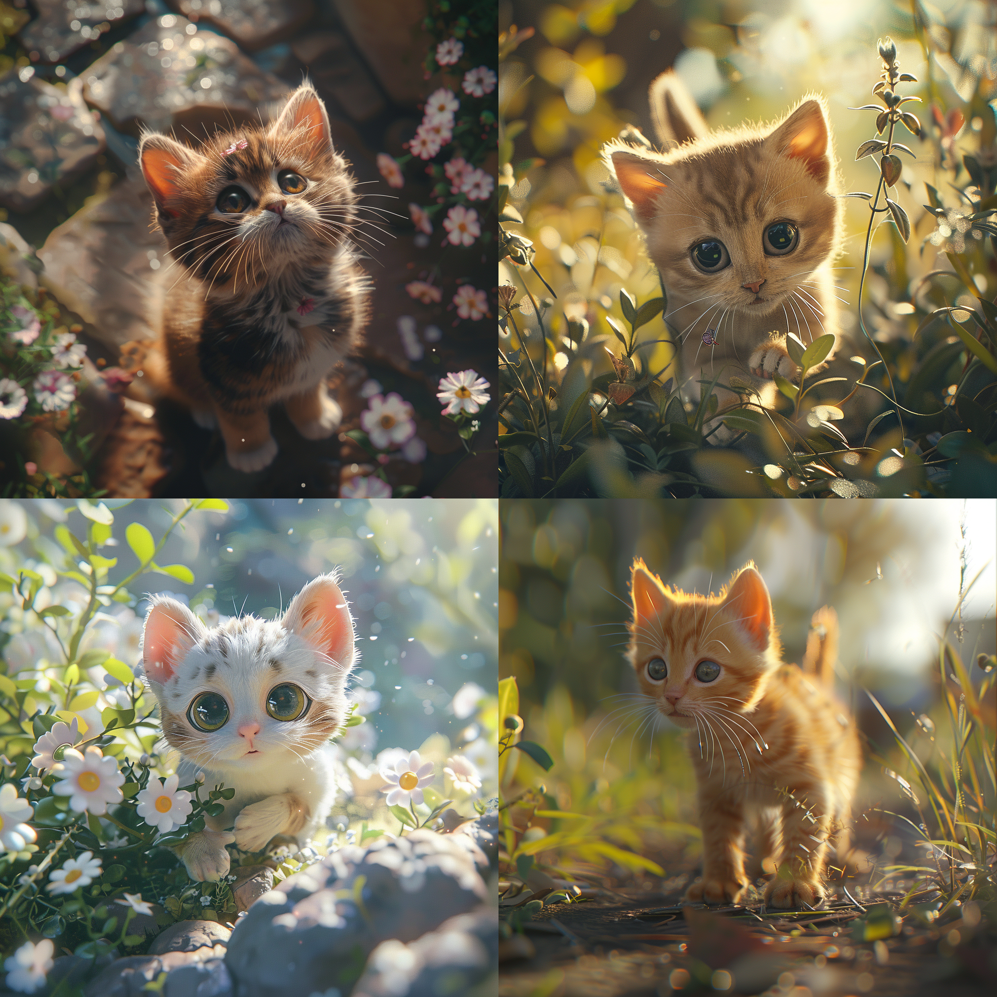 可爱小奶猫探险，动漫风格，8k壁纸，晴天自然光，多细节，户外环境，中焦镜头，俯视角度，活泼表情，明亮色彩，好奇心，快乐。
