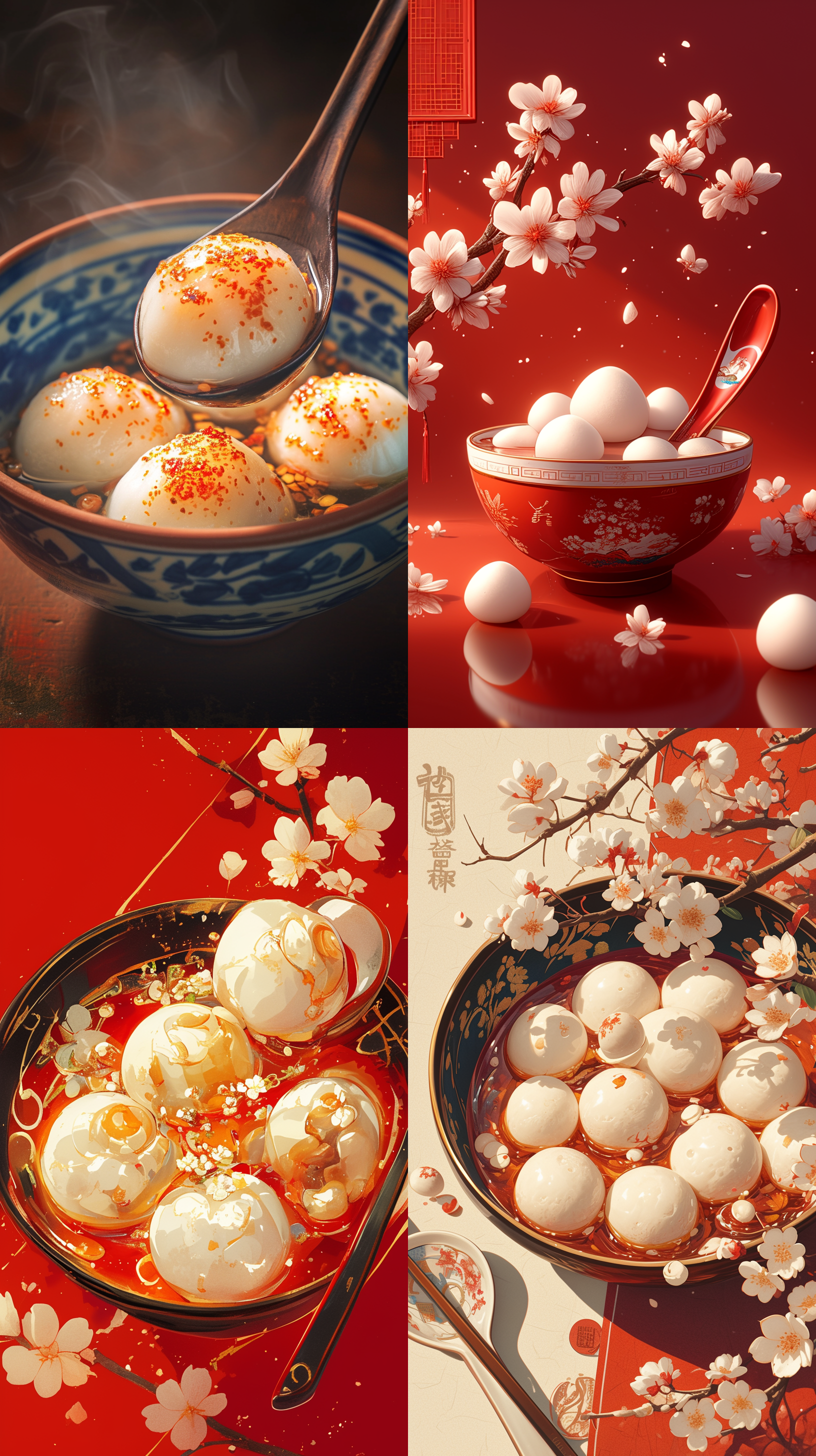 元宵节海报，中国传统节日，碗里的白色汤圆，散发着热气，勺子，高清，暖色， 厨房 极限特写 莫兰迪色 液体黄金 玉 陶瓷 明亮的 镜头光晕 植物亲和力 瓷器 梅花