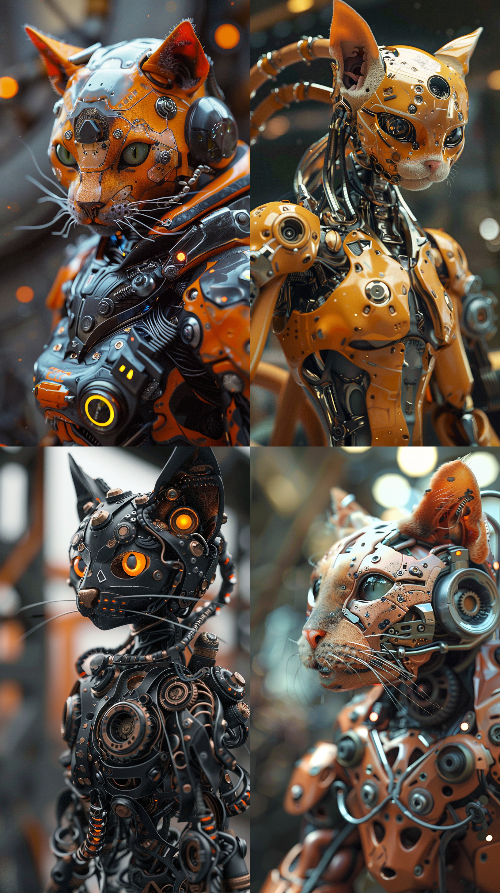 3d rendering, concept illustration, art by heron preston full body close-up, gorgeous fully mechanized cat warrior, humanoid, humanized cat face, metal claws, spring-loaded joints, gears, mechanical, defocus, pov, dof, c4d, mixer, unreal engine, octopus, global lighting, ray tracing reflection, ssaoshaders, fxaa, cgi, rtx, vfx, 4k, best quality, super detail, surrealism - style expression, panoramic photography, master masterpiece, full body close-up, leica lens, blockbuster visual experience, cinematography (5.2-6.0) (s750, s100)
