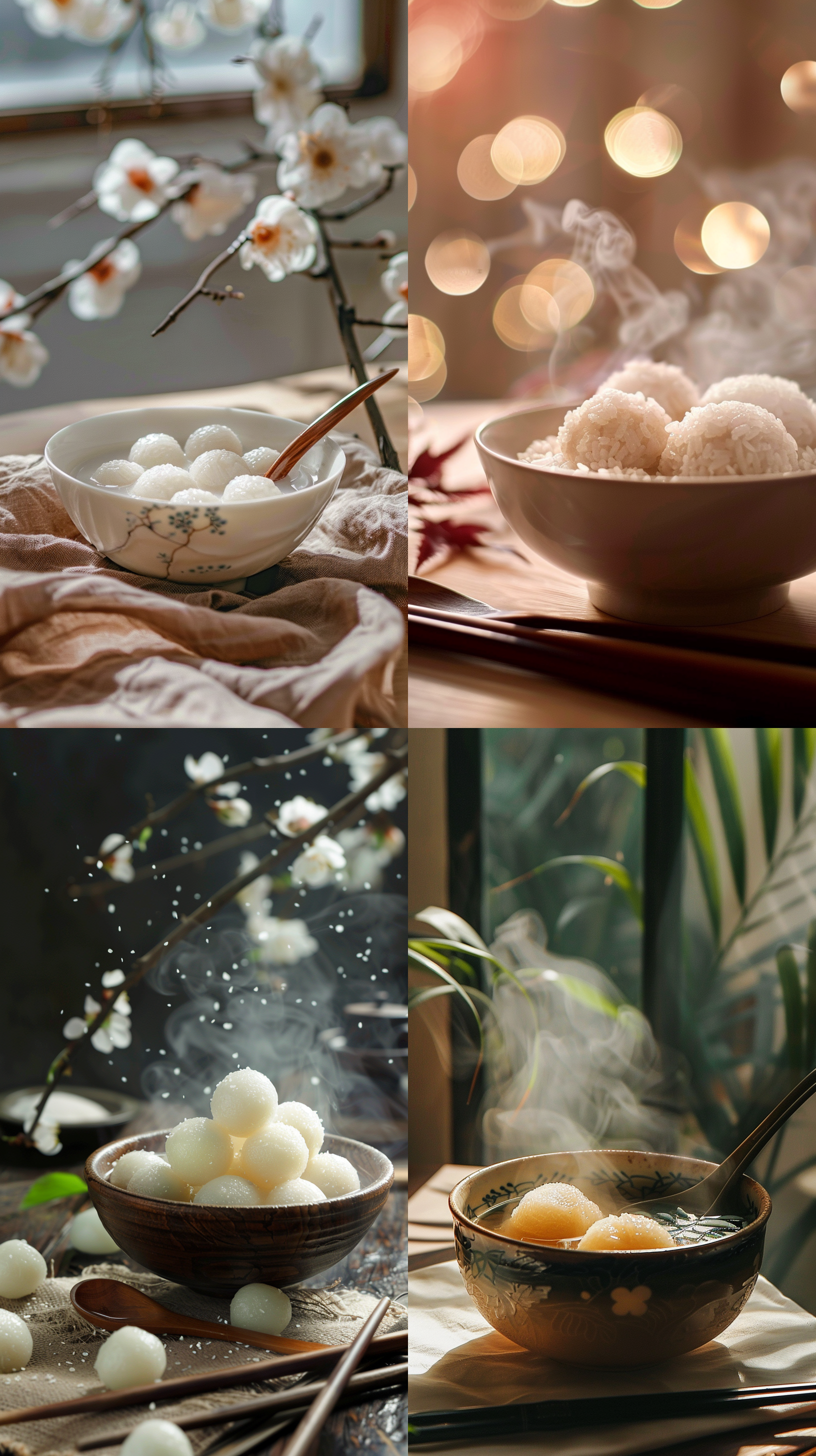元宵节海报，中国传统节日，碗里的白色汤圆，散发着热气，勺子，高清，暖色， 厨房 极限特写 莫兰迪色 液体黄金 玉 陶瓷 明亮的 镜头光晕 植物亲和力 瓷器 梅花