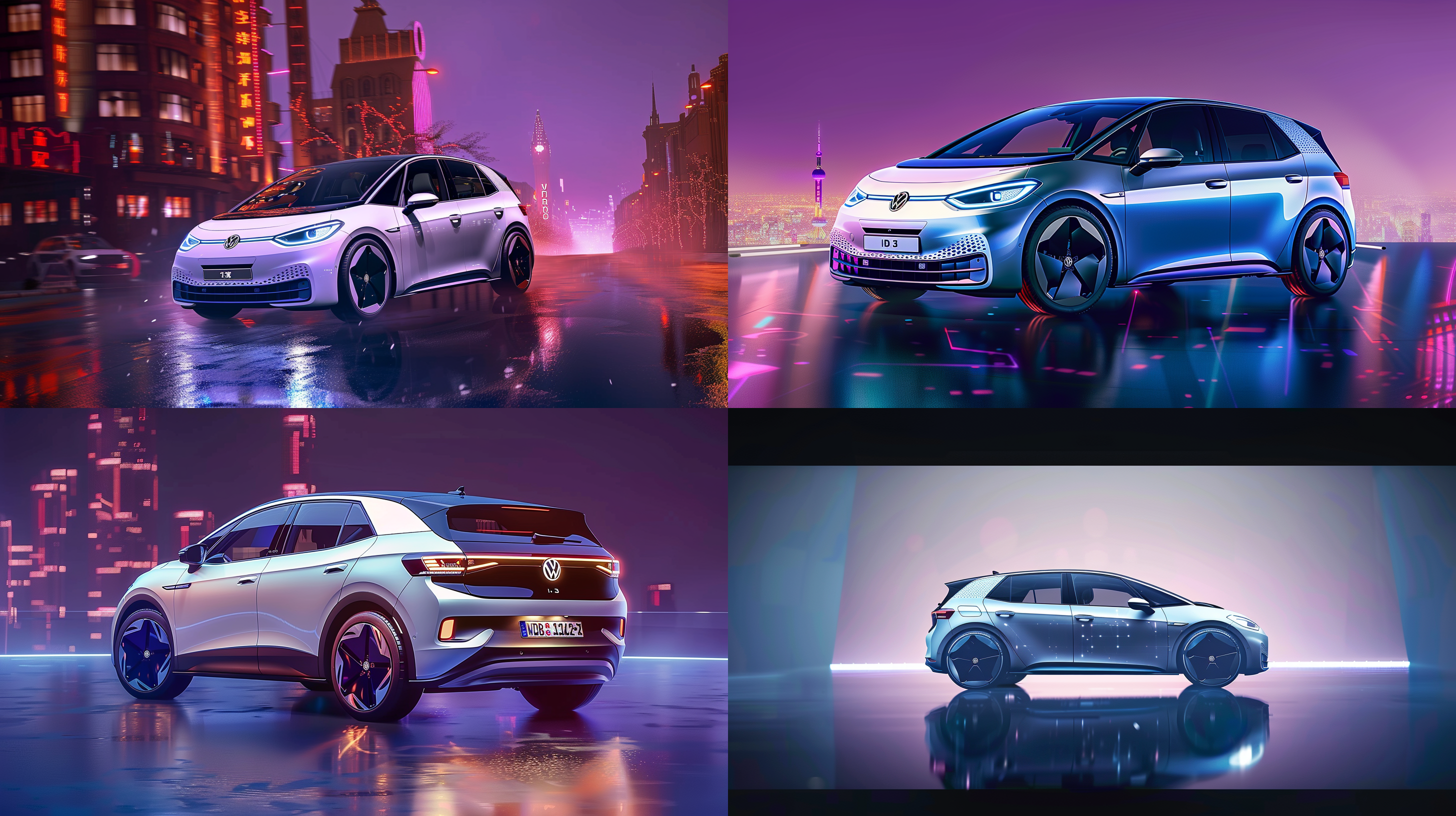 id.3夜景赛博朋克风格，霓虹灯光映衬下的上汽大众id.3车型，夜晚街道背景，高辛烷值，细节突出，高质量画面，酷炫氛围，车身线条动感，蓝色调，宽幅视角，透视构图。